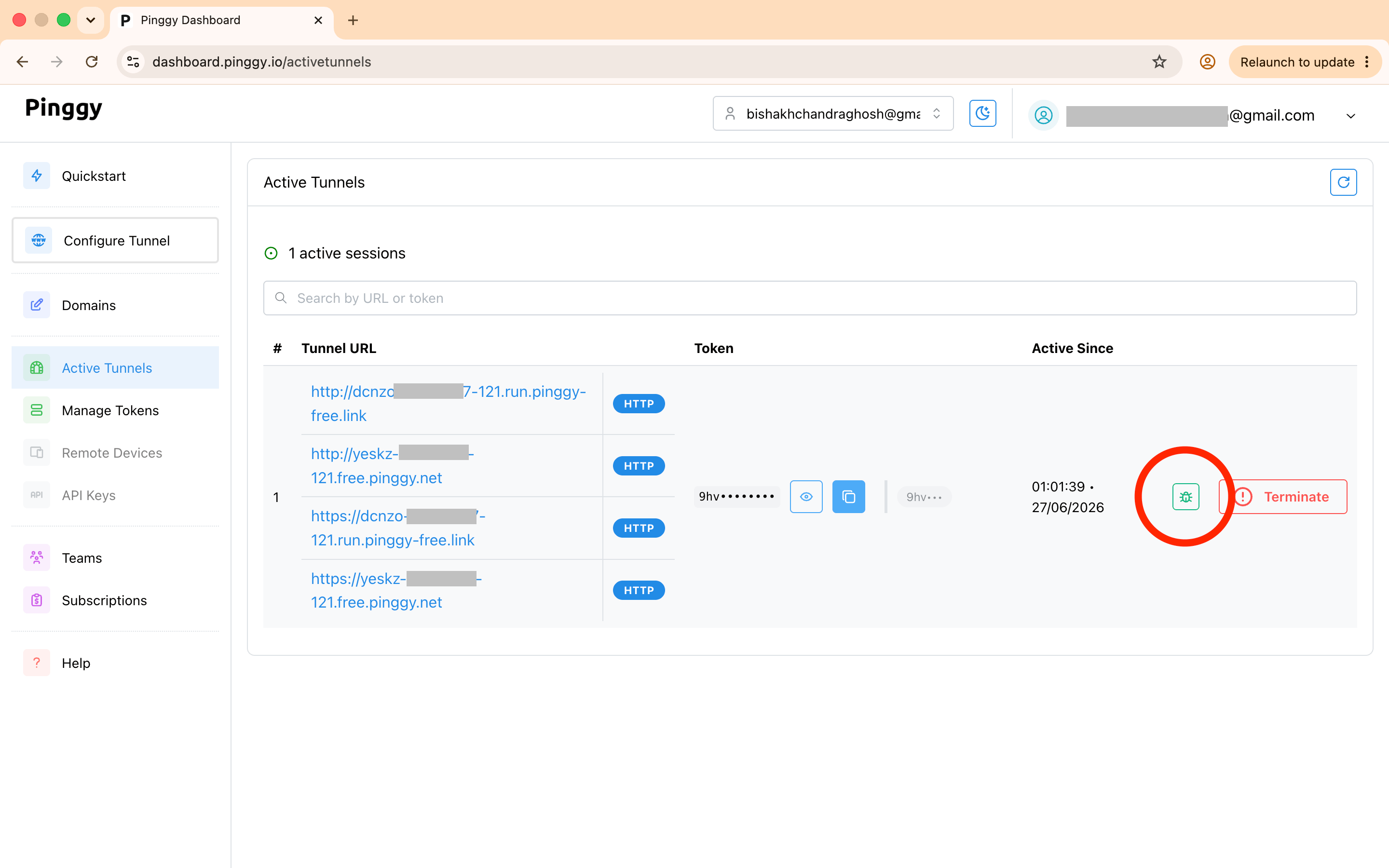 Active Tunnels page in the Pinggy dashboard with the debug icon highlighted.