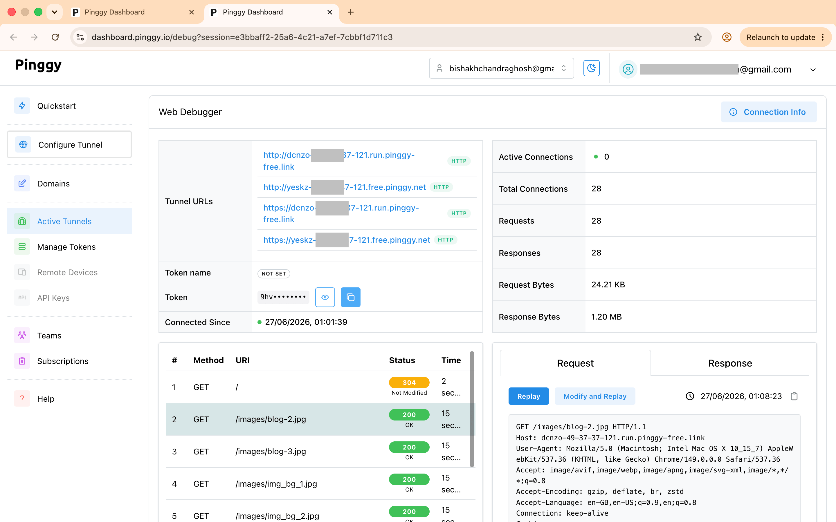 Web Debugger in the dashboard showing live requests, connection stats, and the request/response panel.