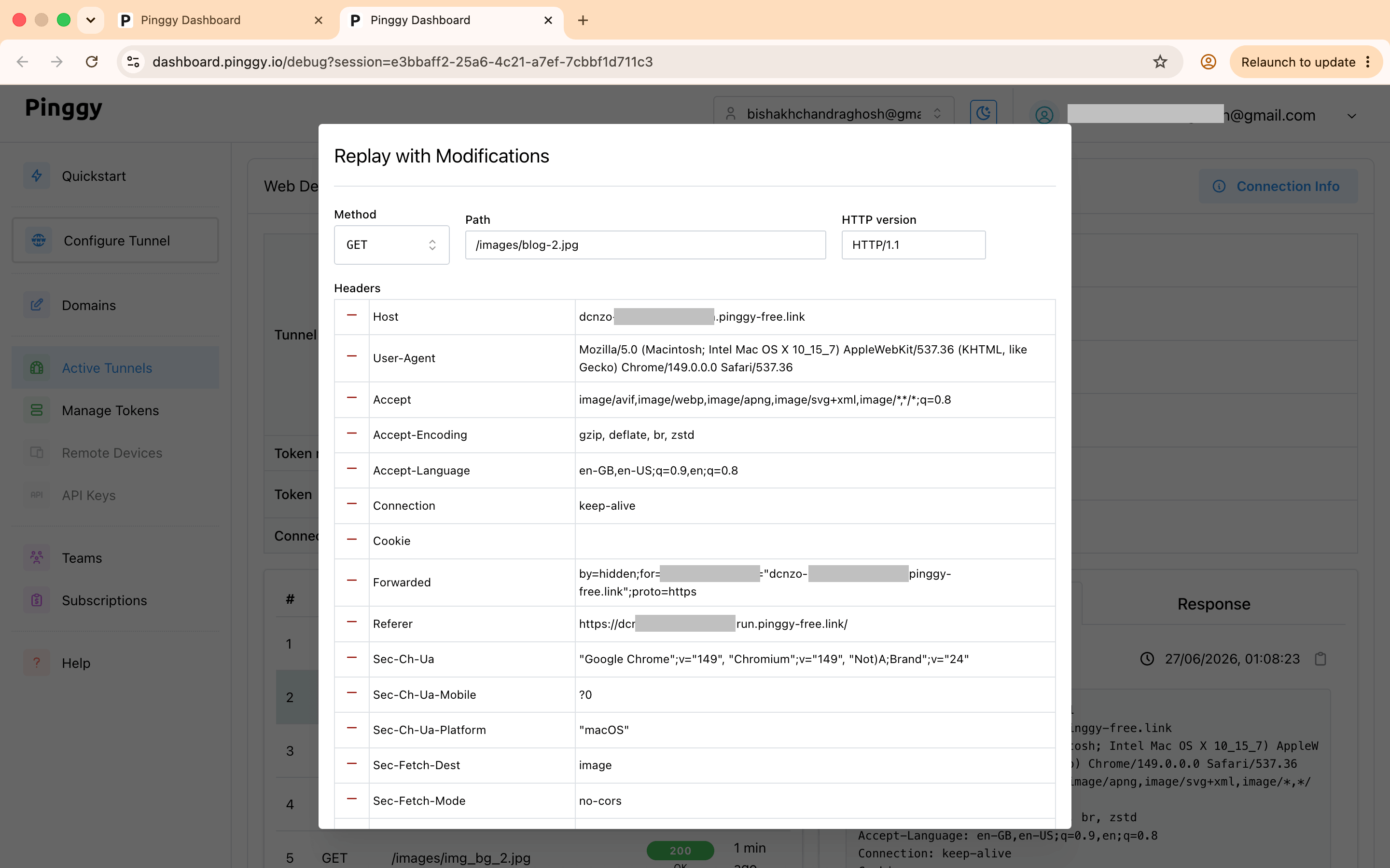 Replay with Modifications dialog showing editable method, path, HTTP version, and headers.