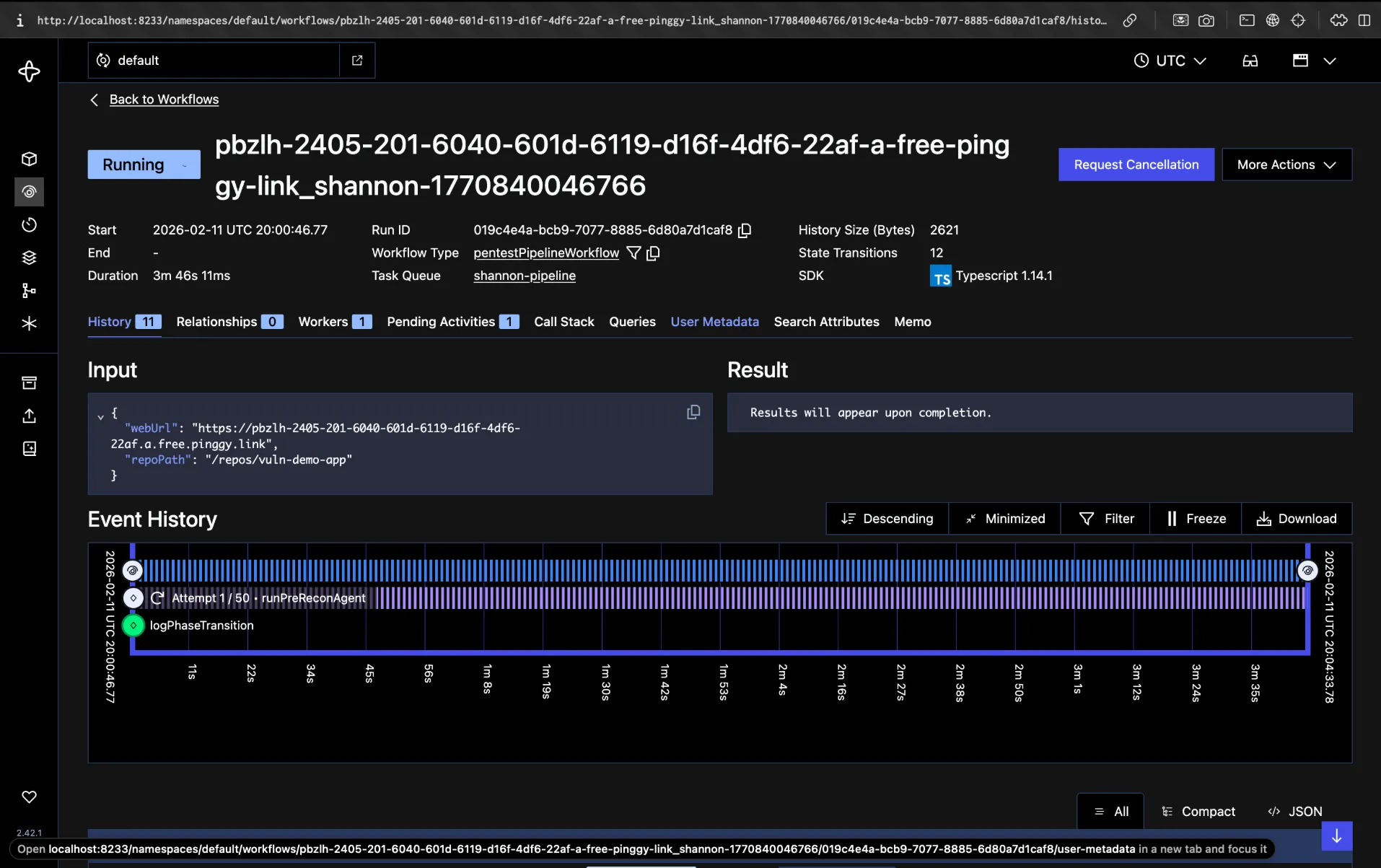 Shannon Temporal Web UI showing workflow progress