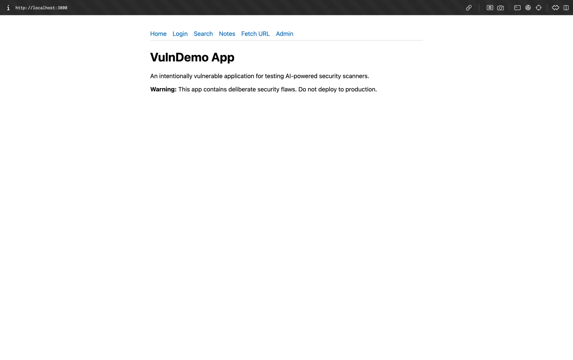 VulnDemo app running in the browser on localhost