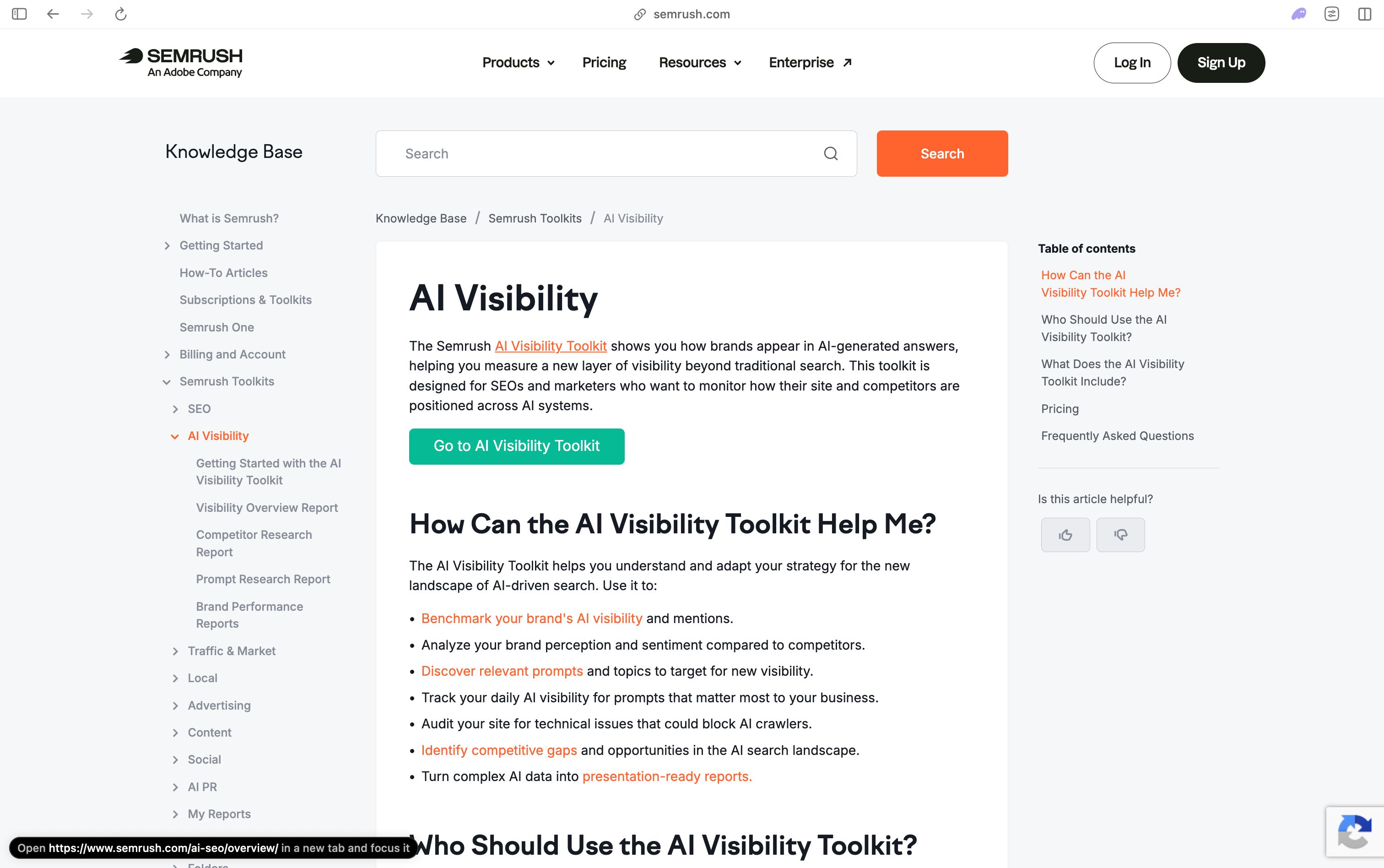 Semrush AI Visibility Toolkit dashboard