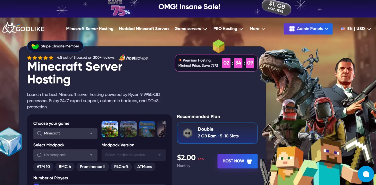 Godlike.Host Minecraft server hosting page showing a Ryzen 9 9950X3D powered plan builder with modpack presets for ATM 10, BMC 4, Prominence II and RLCraft