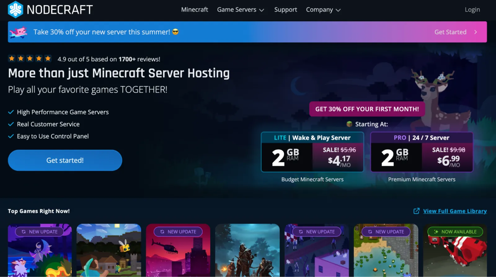 Nodecraft homepage advertising more than just Minecraft server hosting, with Lite and Pro 2GB plans and a 4.9 out of 5 rating from over 1700 reviews