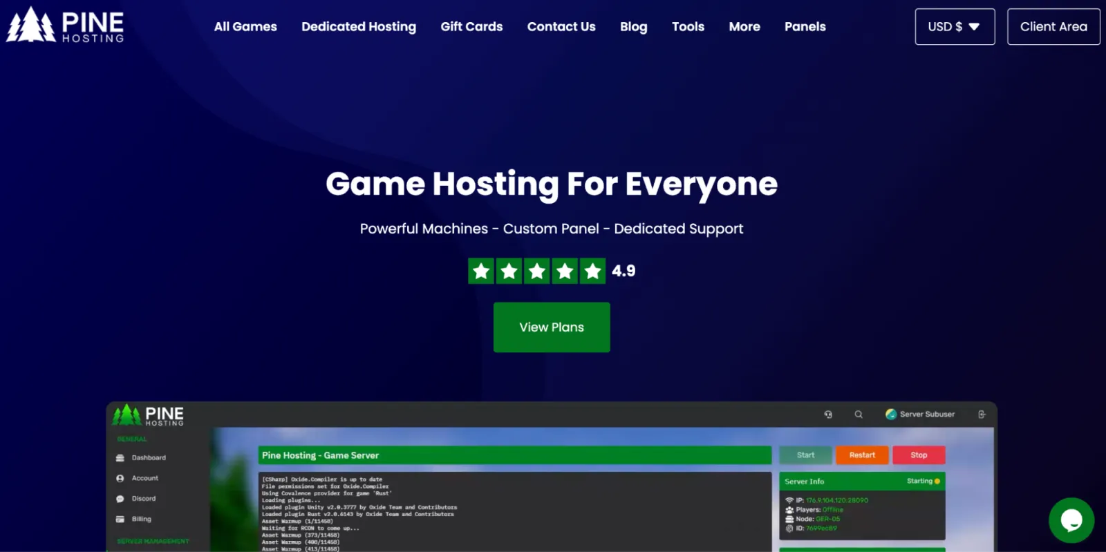 Pine Hosting homepage headline Game Hosting For Everyone with a 4.9 Trustpilot rating and a preview of its custom game panel showing a running server console