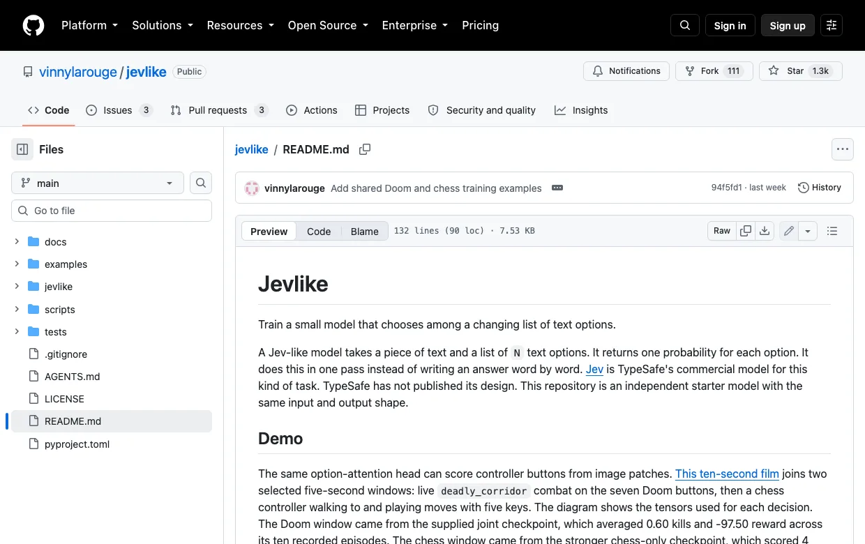 The jevlike repository on GitHub at 1.3k stars, describing a trainer for a small model that chooses among a changing list of text options