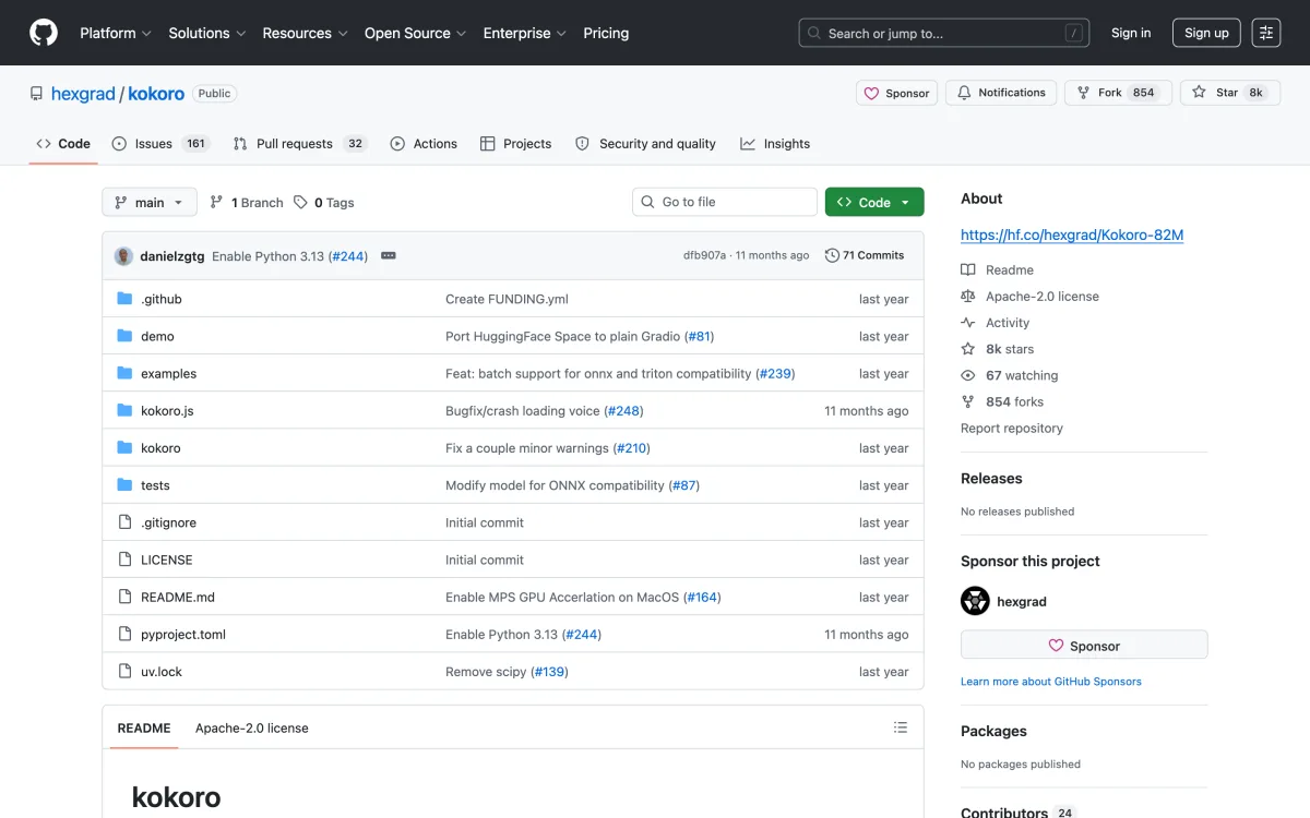 Kokoro 82M TTS GitHub repository
