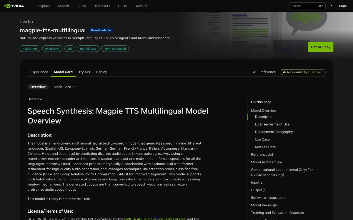 NVIDIA Magpie TTS Multilingual model card