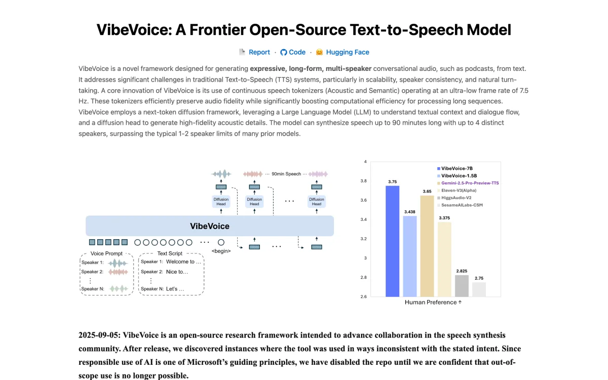 Microsoft VibeVoice project page showing the removal notice