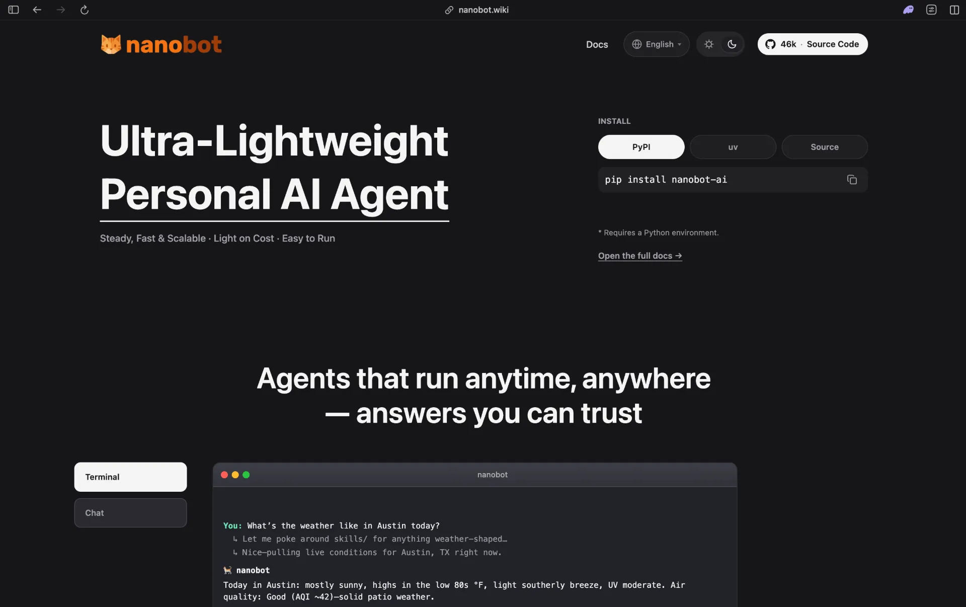 Nanobot homepage, an ultra-lightweight personal AI agent