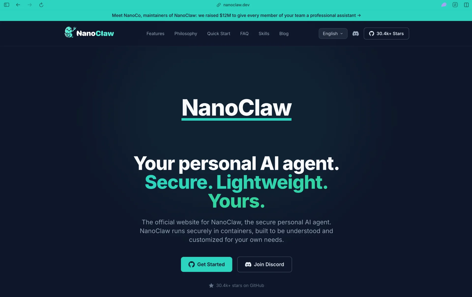 NanoClaw homepage, a container-isolated personal AI agent