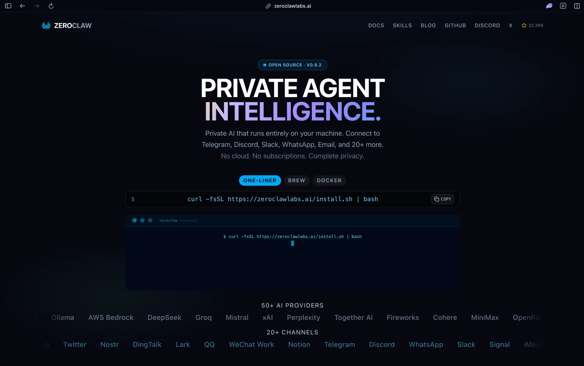 ZeroClaw homepage, a Rust-based personal AI agent