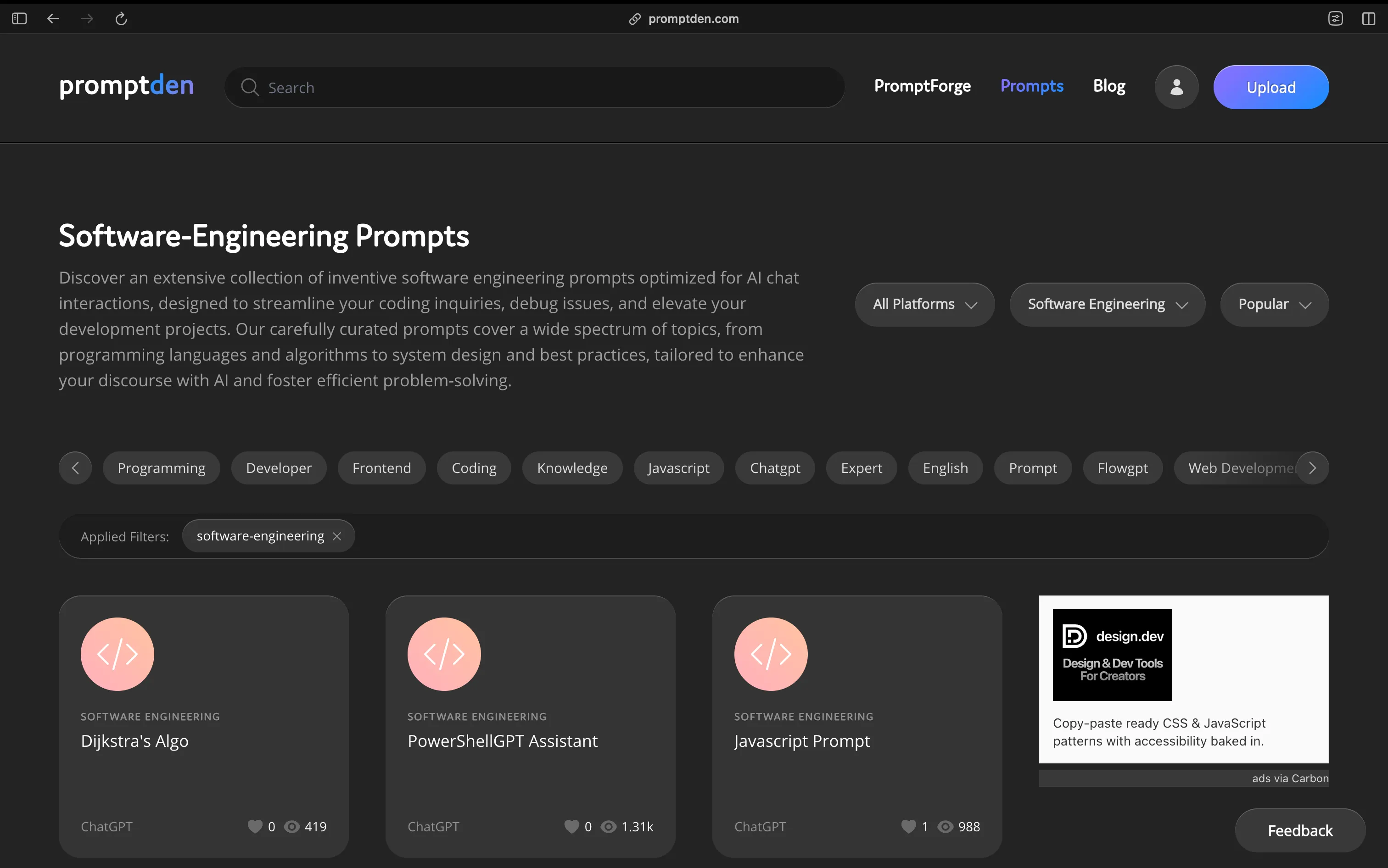 PromptDen prompt library for developers