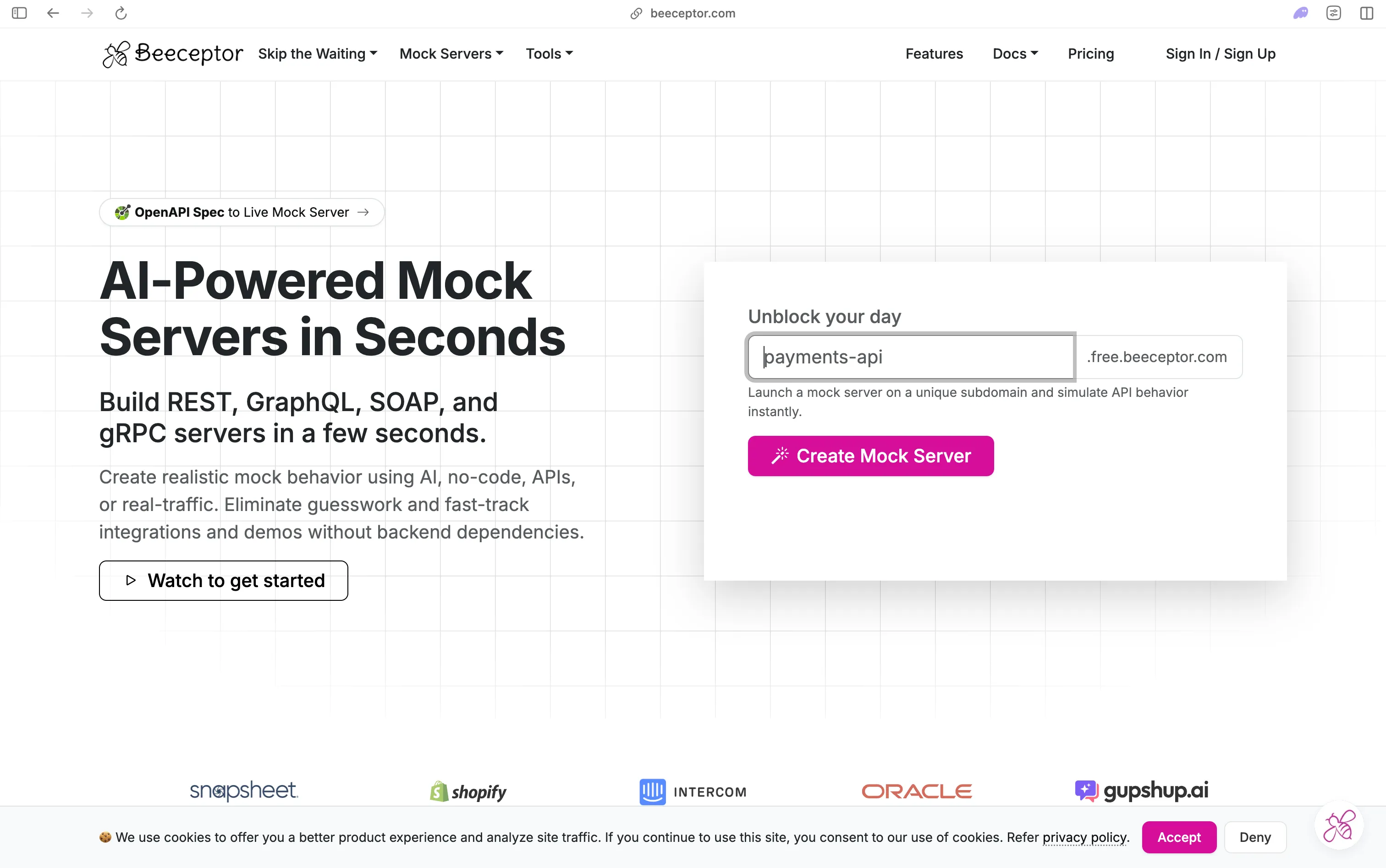 Beeceptor homepage showing the mock server creation form