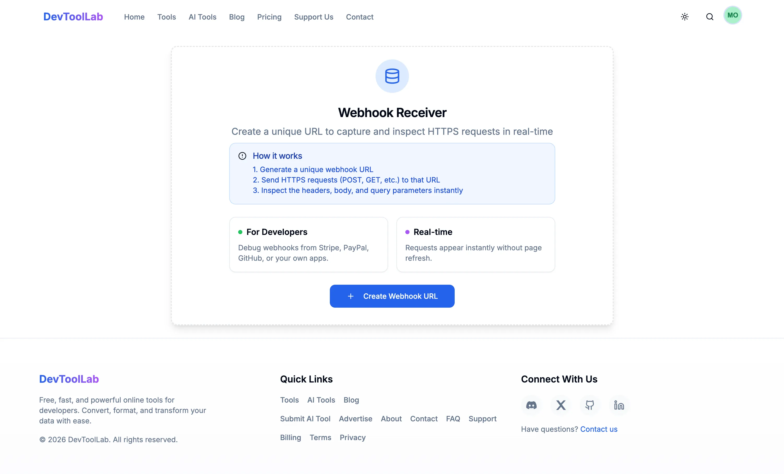 DevToolLab Webhook Receiver tool page