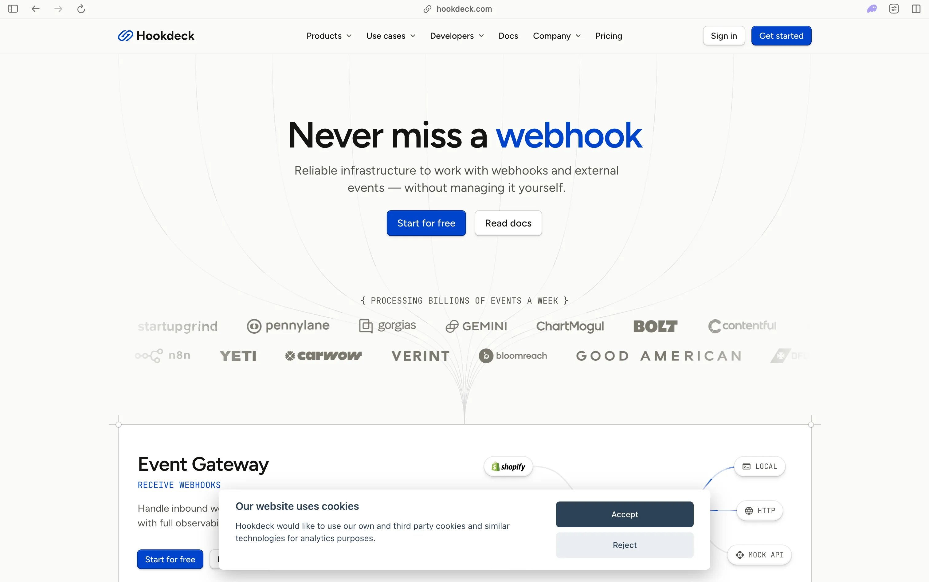 Hookdeck homepage showing the Event Gateway product