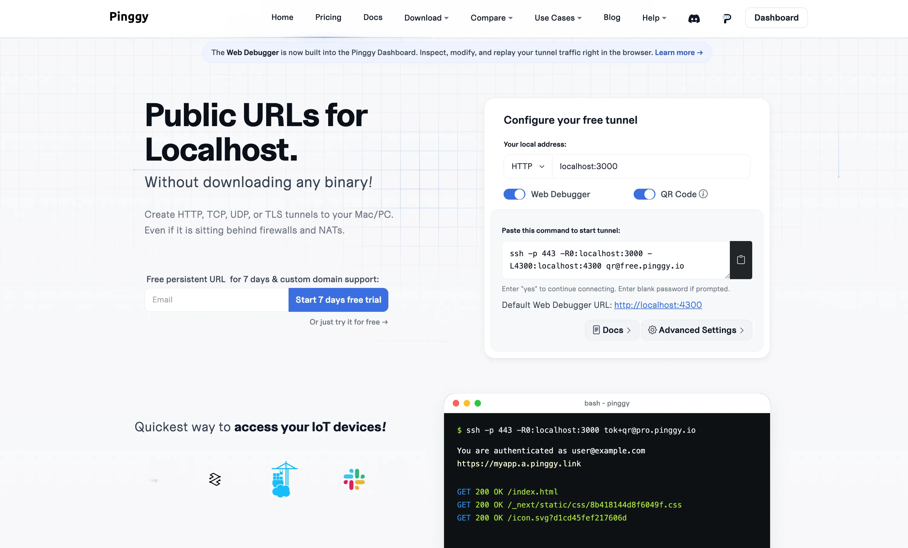 Pinggy homepage showing the public URL tunnel configuration widget