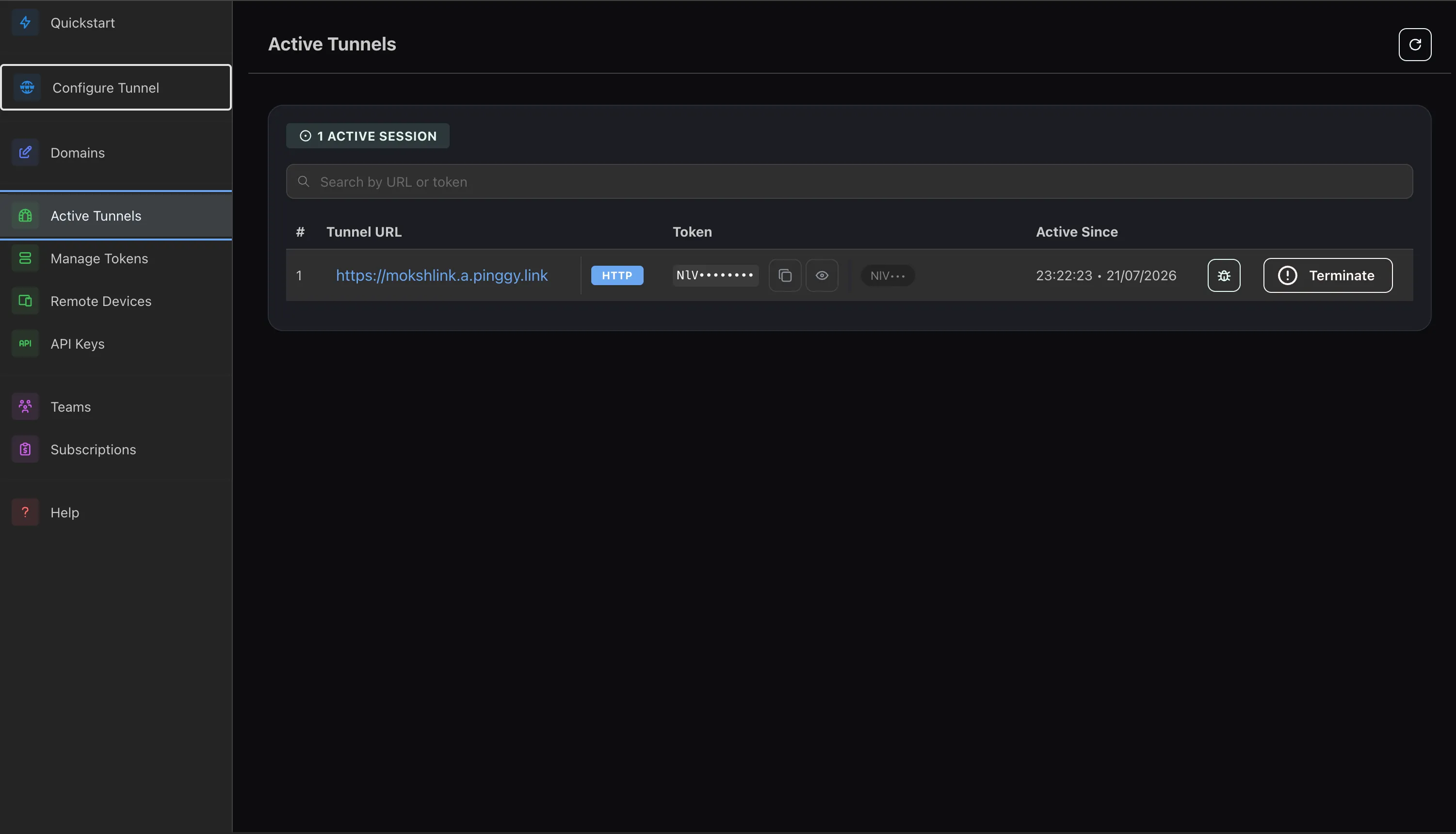 Pinggy Active Tunnels page with the debug icon for a running tunnel