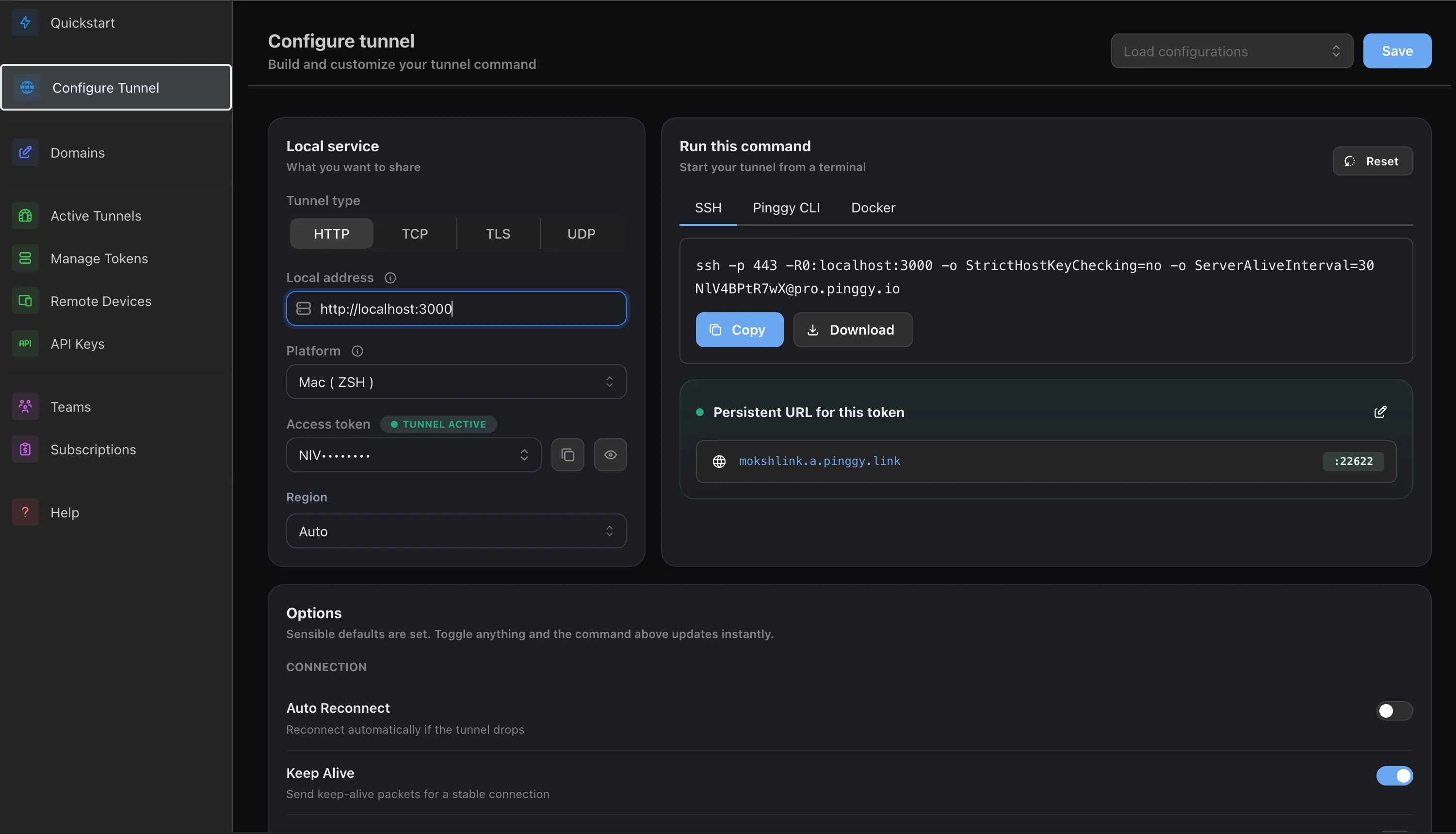 Pinggy dashboard Configure Tunnel page generating the SSH command