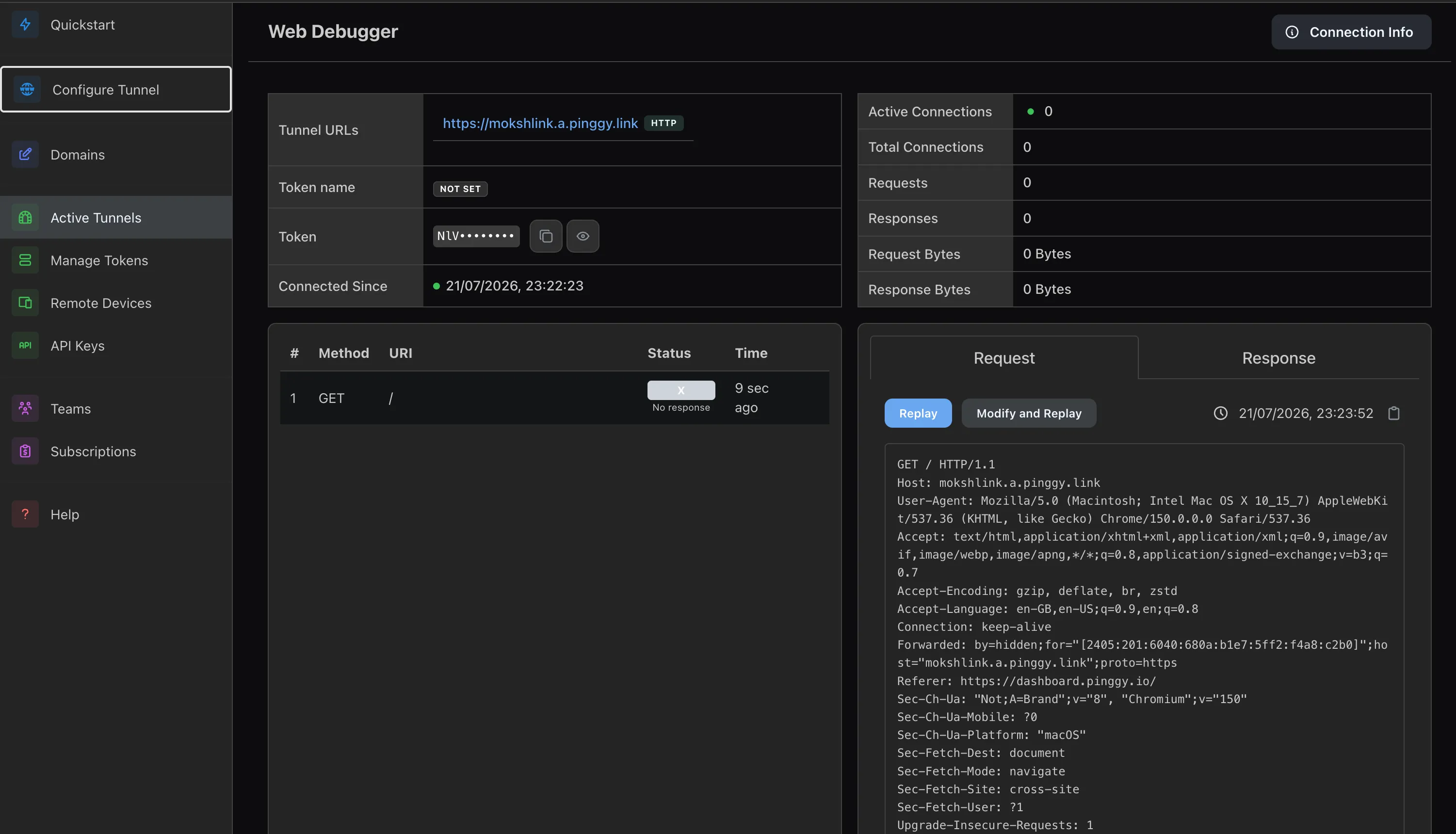 Pinggy Web Debugger showing a captured request with Replay and Modify and Replay buttons