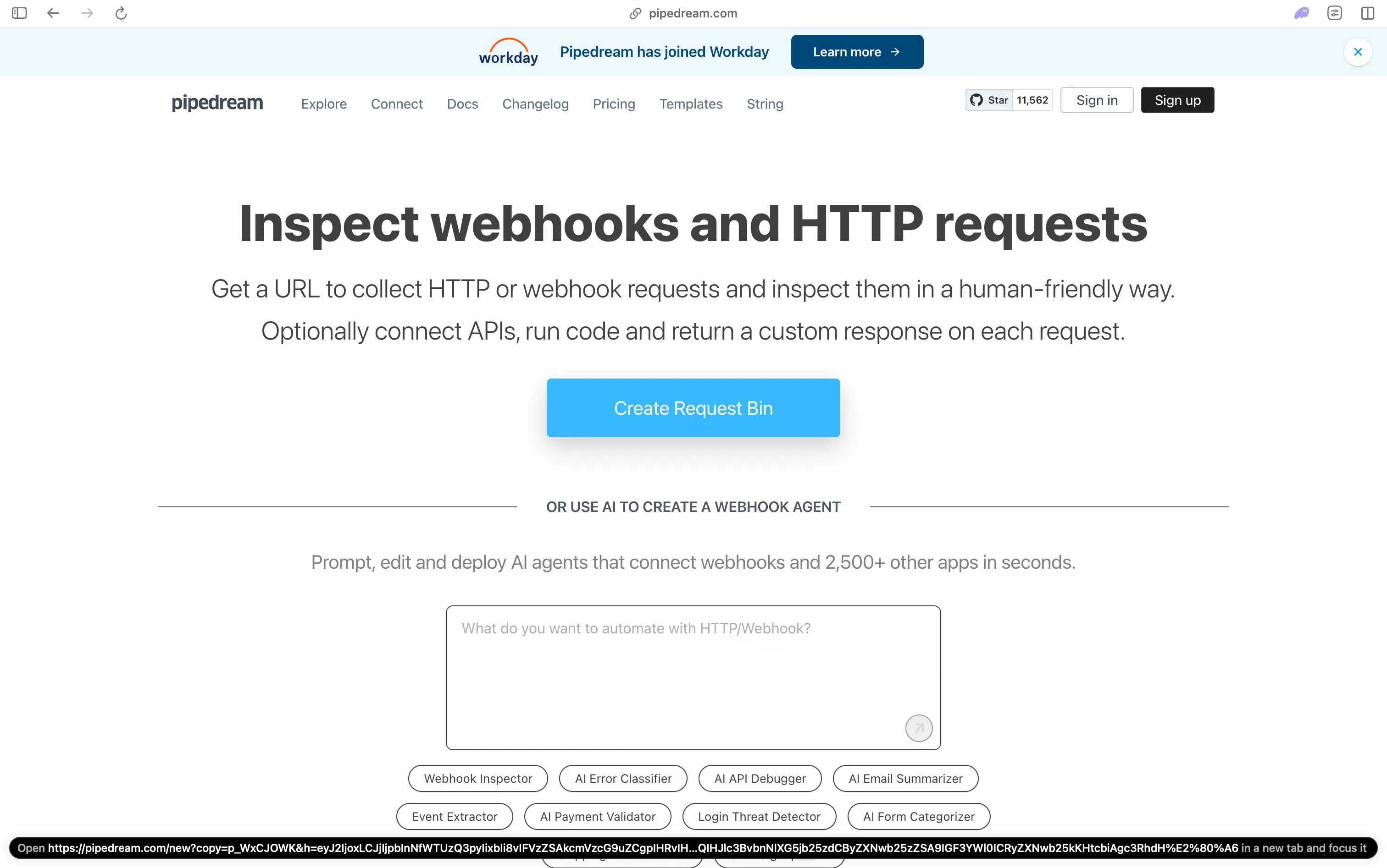 Pipedream homepage showing the Request Bin creation button