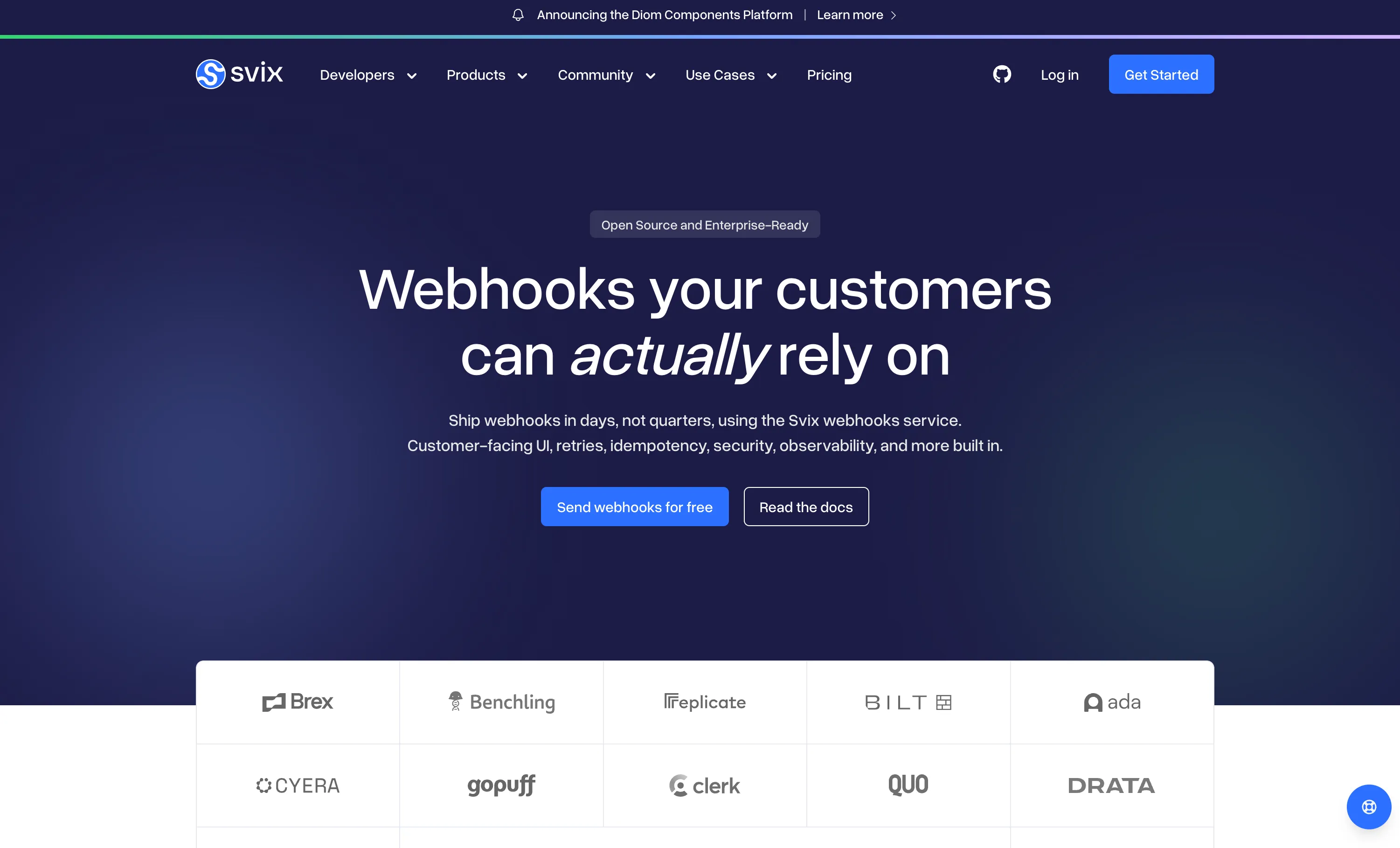 Svix homepage describing its webhook sending infrastructure