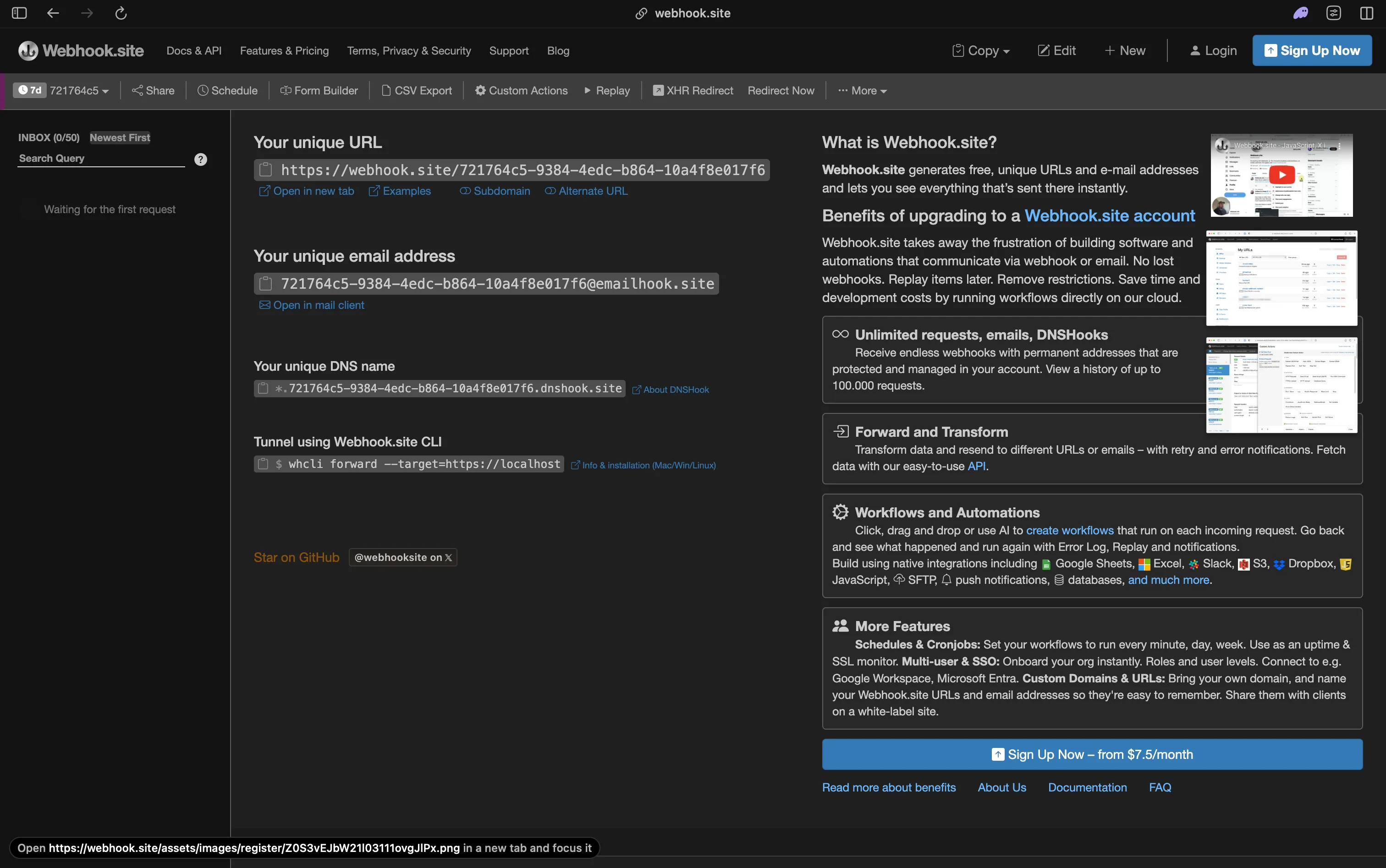 Webhook.site page showing a unique capture URL and email address