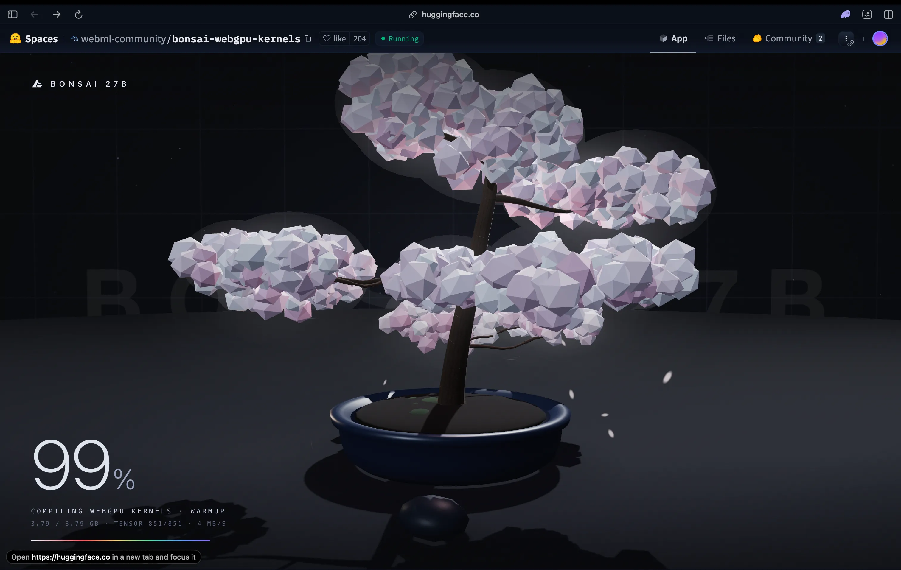 The Bonsai 27B WebGPU demo compiling kernels and downloading the 3.79GB model in the browser before first use
