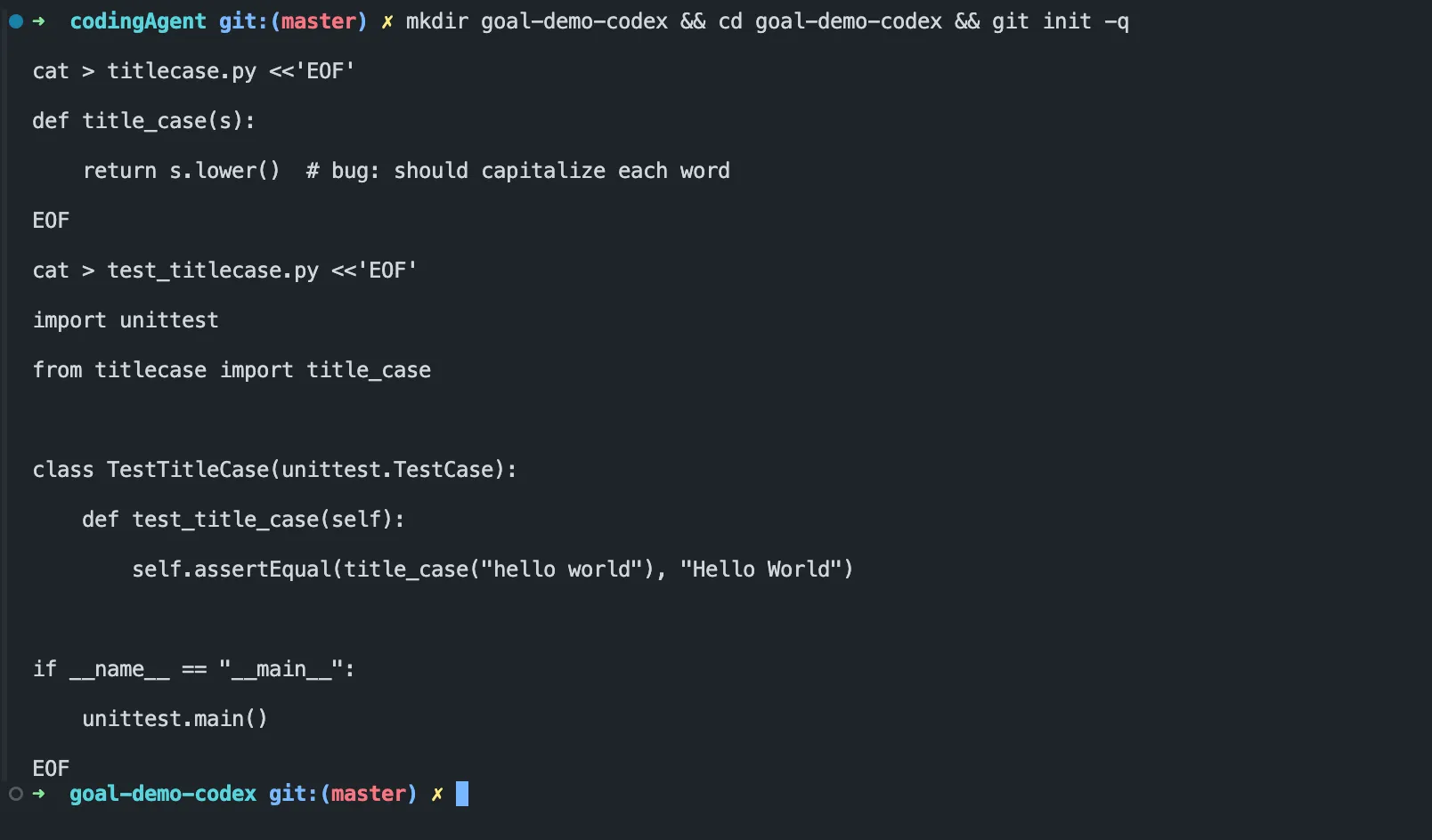 Setting up the buggy titlecase.py fixture for the Codex demo