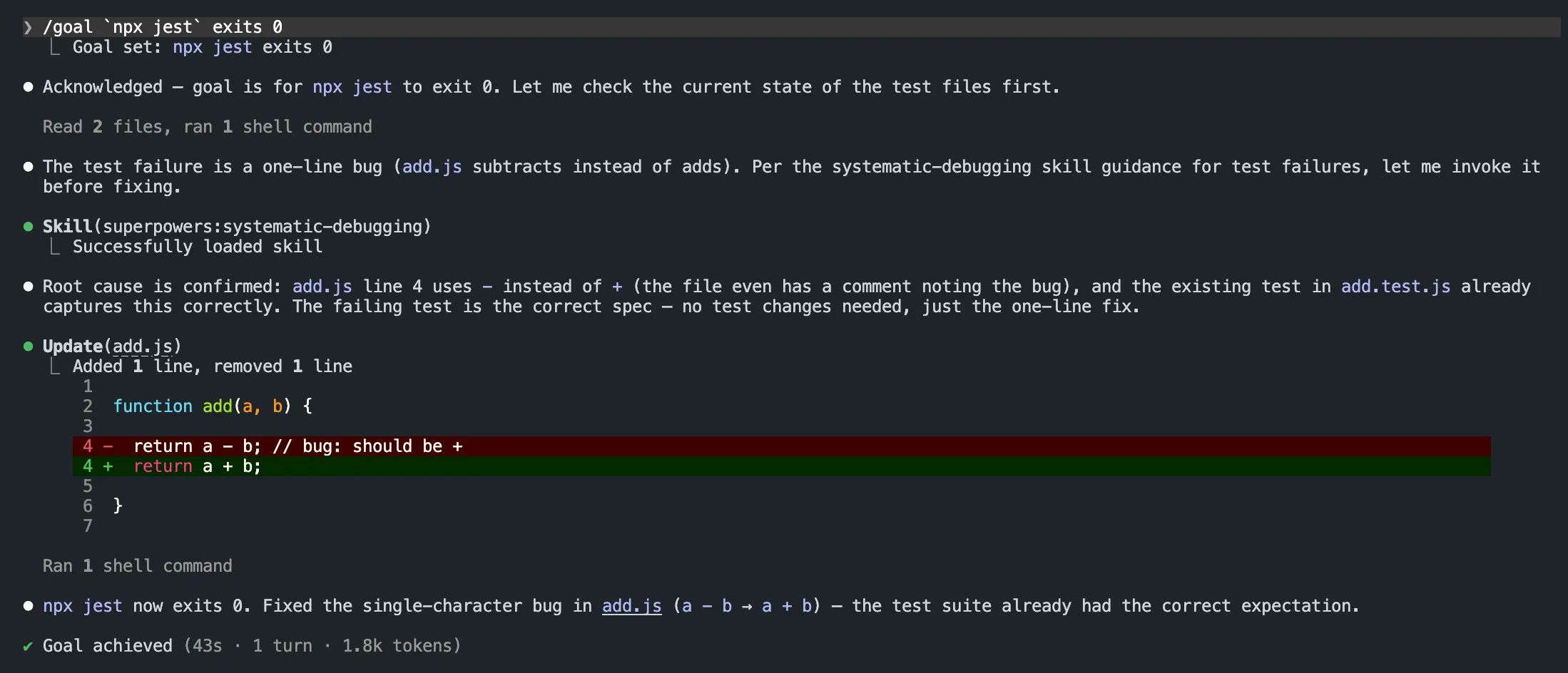 Claude Code running /goal npx jest exits 0, fixing the bug, and reaching Goal achieved