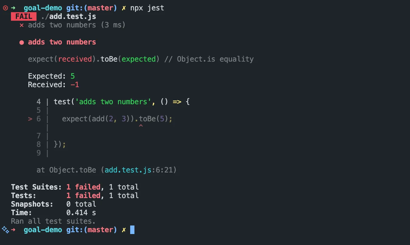 npx jest failing on the seeded bug before Claude Code touches the code