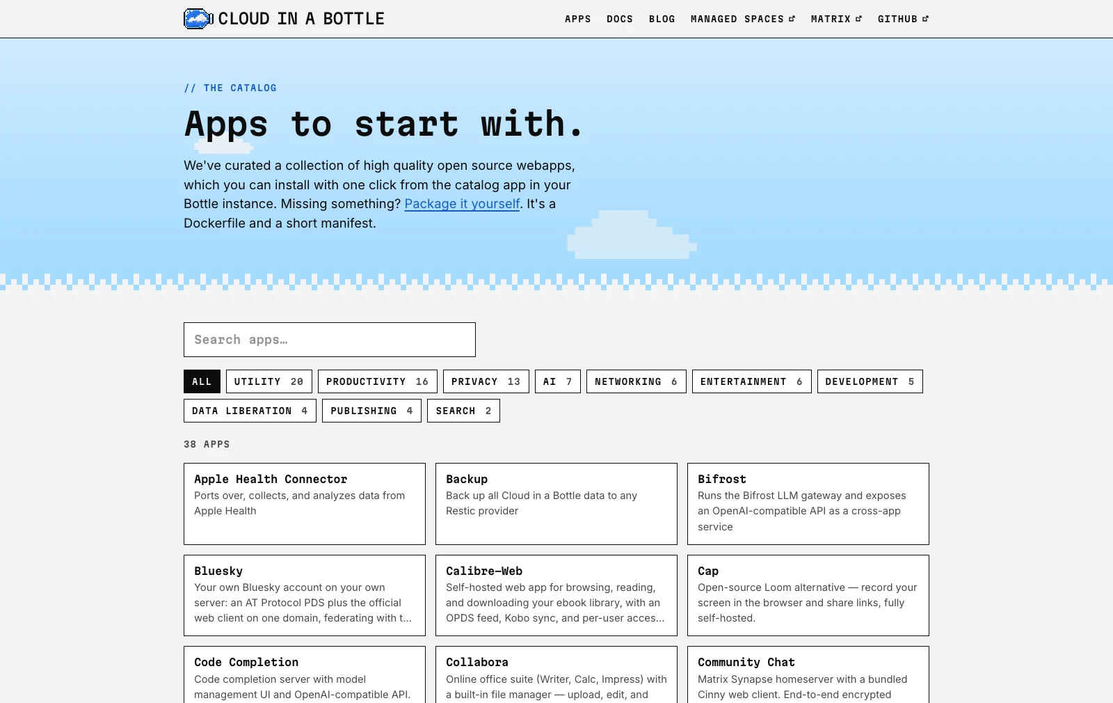 The Cloud in a Bottle app catalog page, showing 38 apps filterable by category, including Bluesky, Calibre-Web, and Community Chat