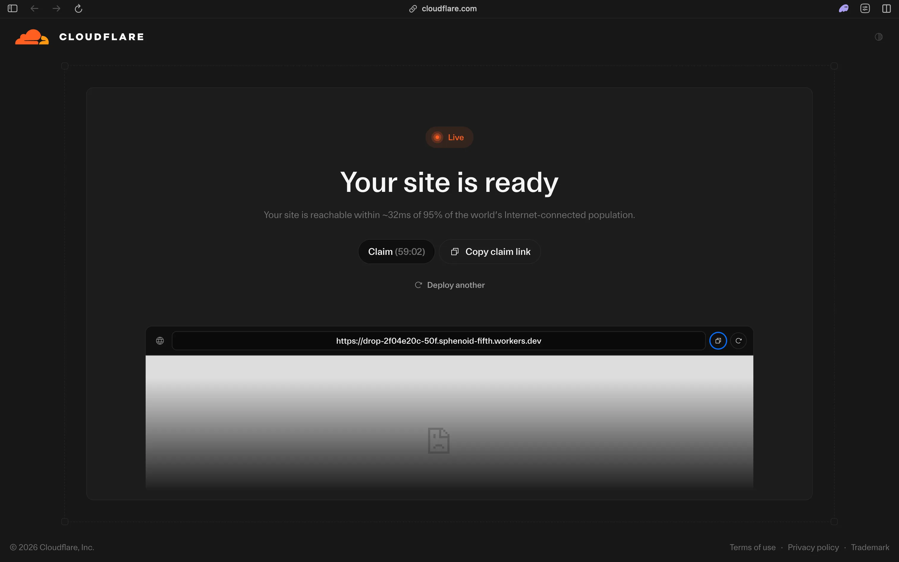 Cloudflare Drop deployment ready screen with a live URL, claim timer, and claim link
