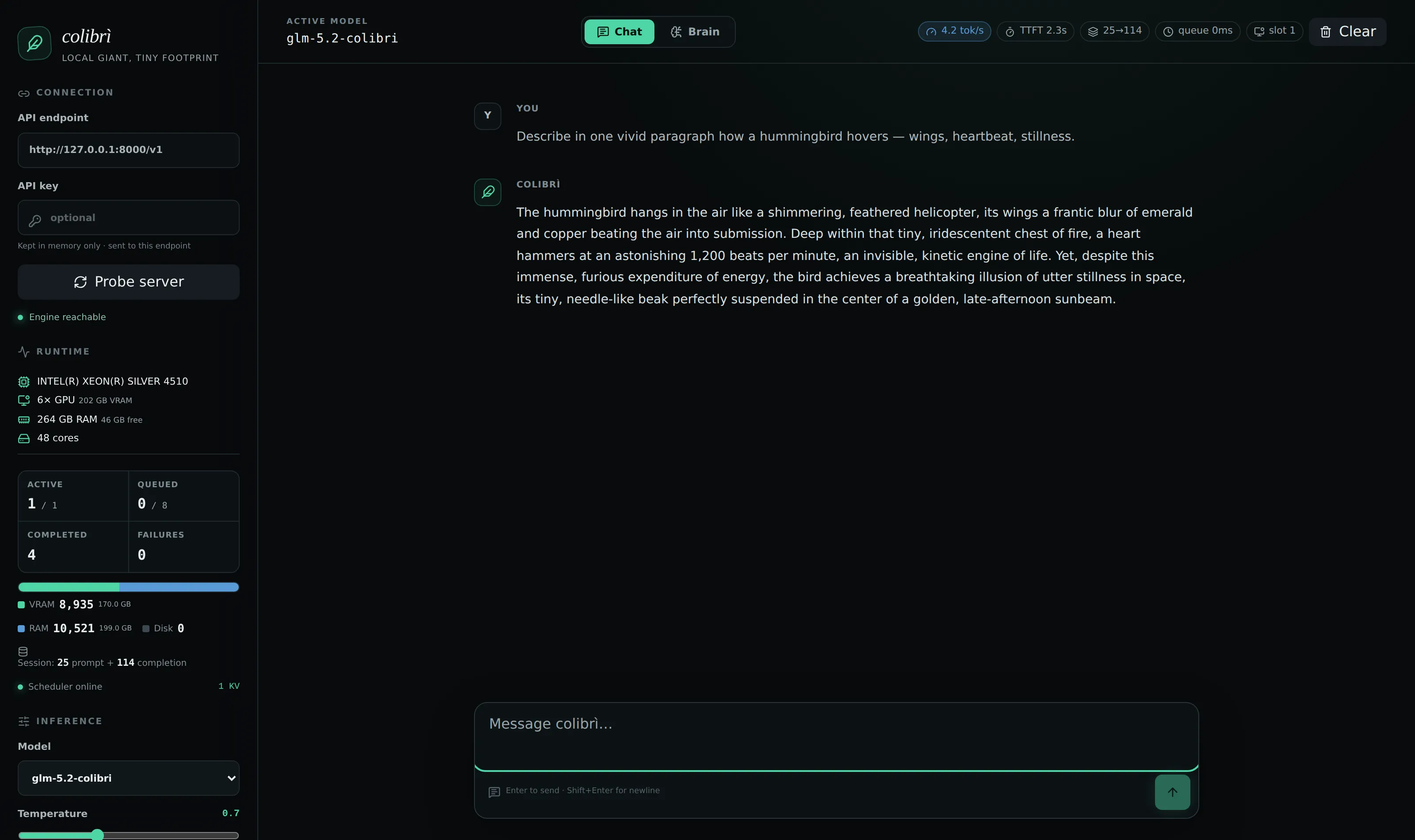 Colibrì's bundled web UI connected to a local coli serve endpoint, mid-response to a prompt, with live VRAM/RAM/core and queue stats in the sidebar