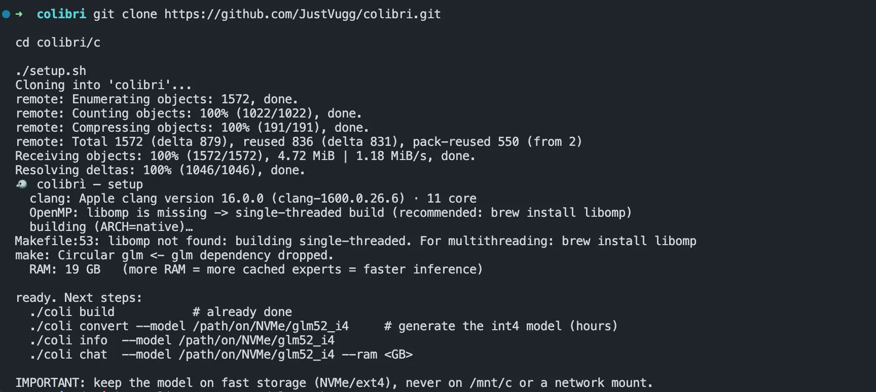 Terminal output of cloning the Colibrì repo and running ./setup.sh, which detects the toolchain, warns if OpenMP isn't installed, and prints the next commands to run