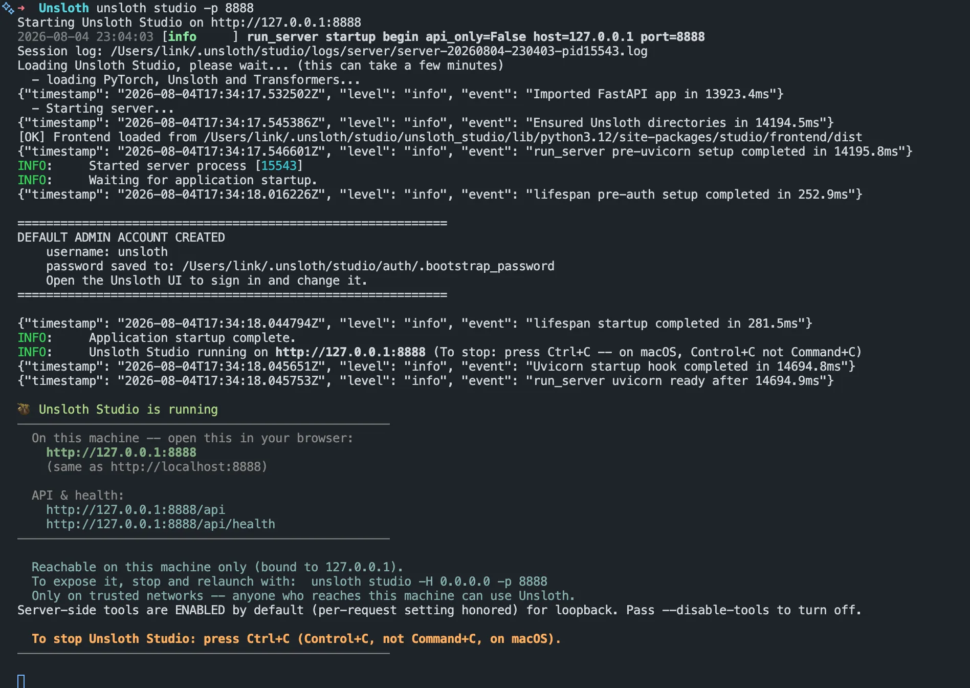 Unsloth Studio startup log showing the default admin account and local URLs