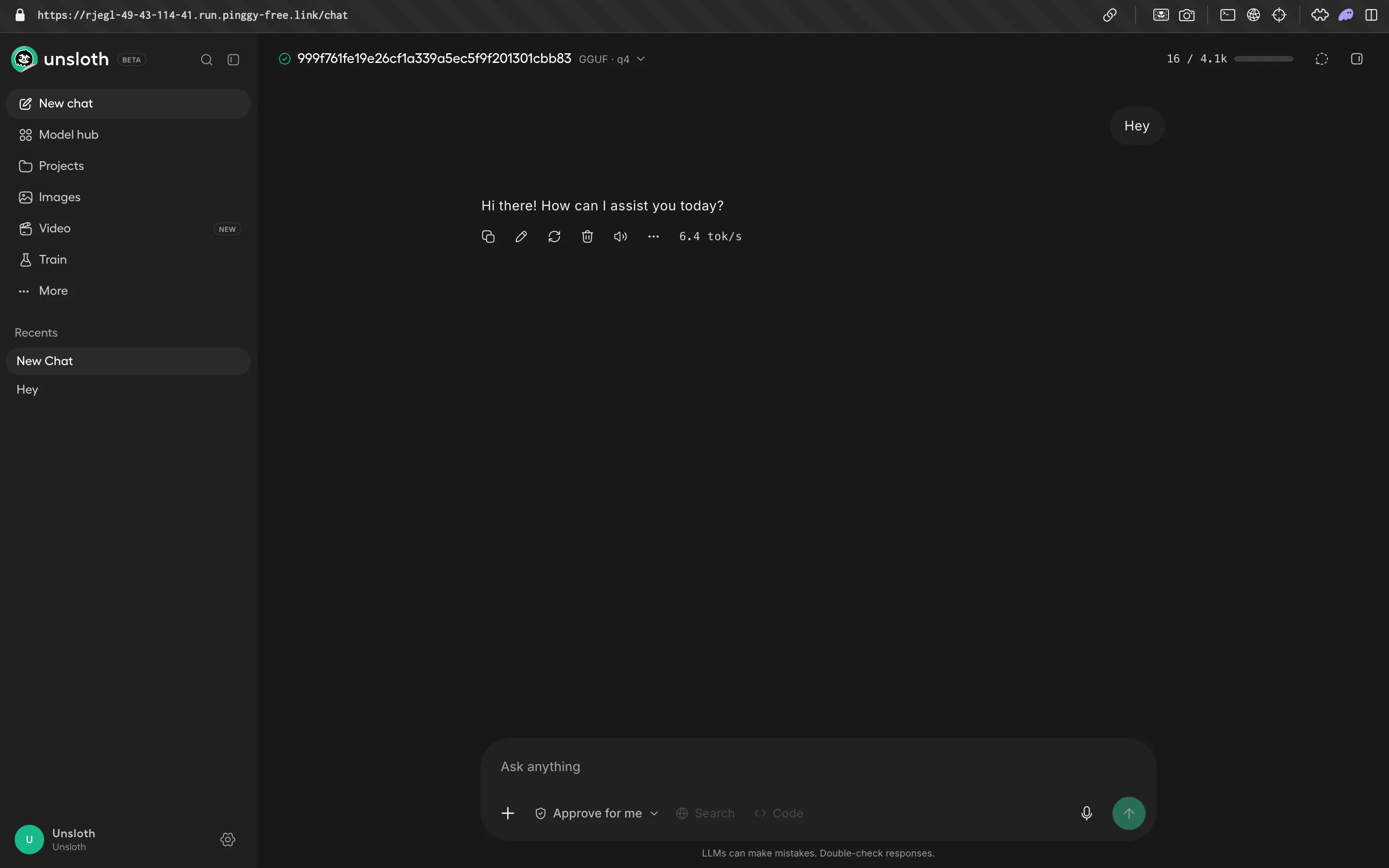 Unsloth Studio running through a public Pinggy URL, serving a 4-bit GGUF model at 6.4 tokens per second