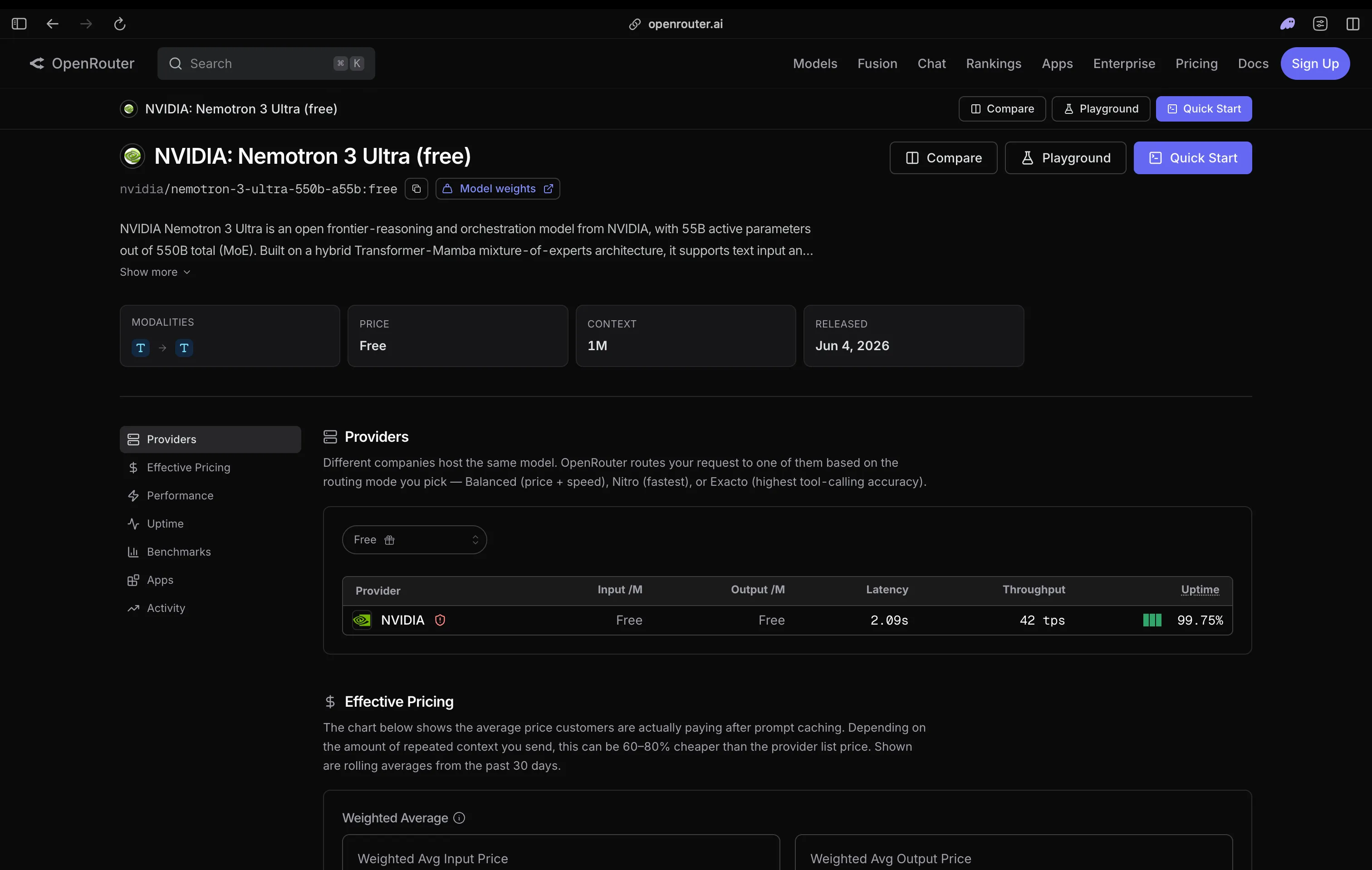 NVIDIA Nemotron 3 Ultra free model page on OpenRouter