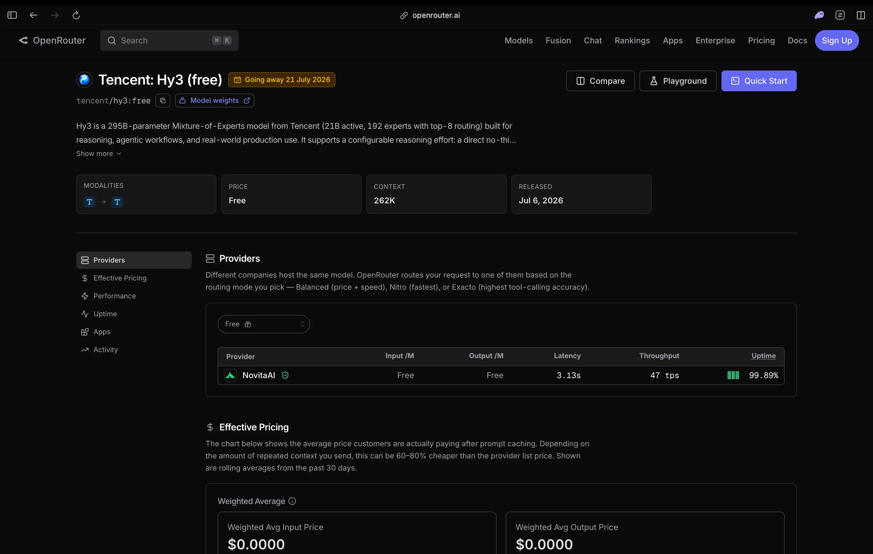 Tencent Hy3 free model page on OpenRouter, marked going away July 21 2026