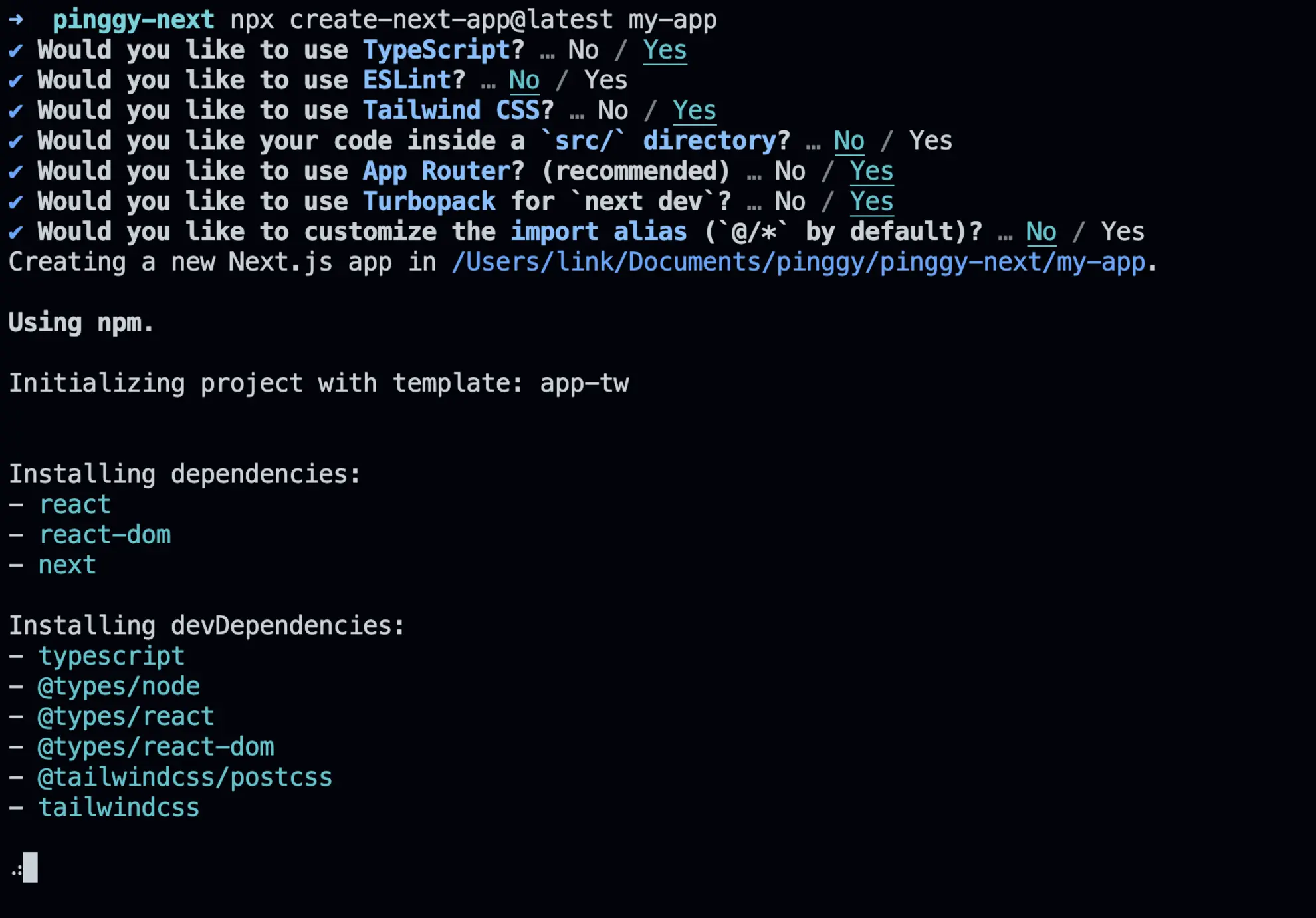 Next app create command