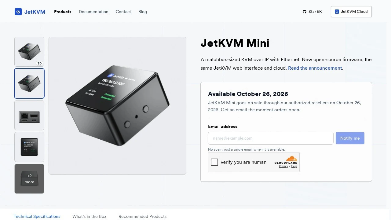 JetKVM Mini product page showing the matchbox-sized KVM-over-IP device and its October 2026 launch date