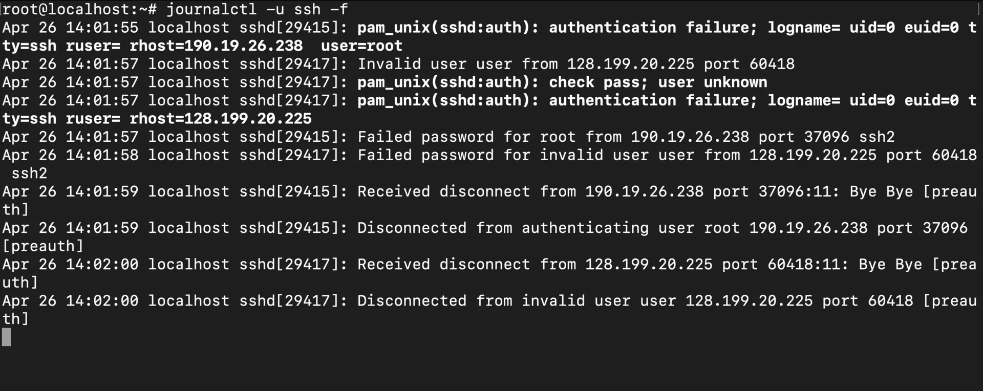 journalctl -u ssh -f