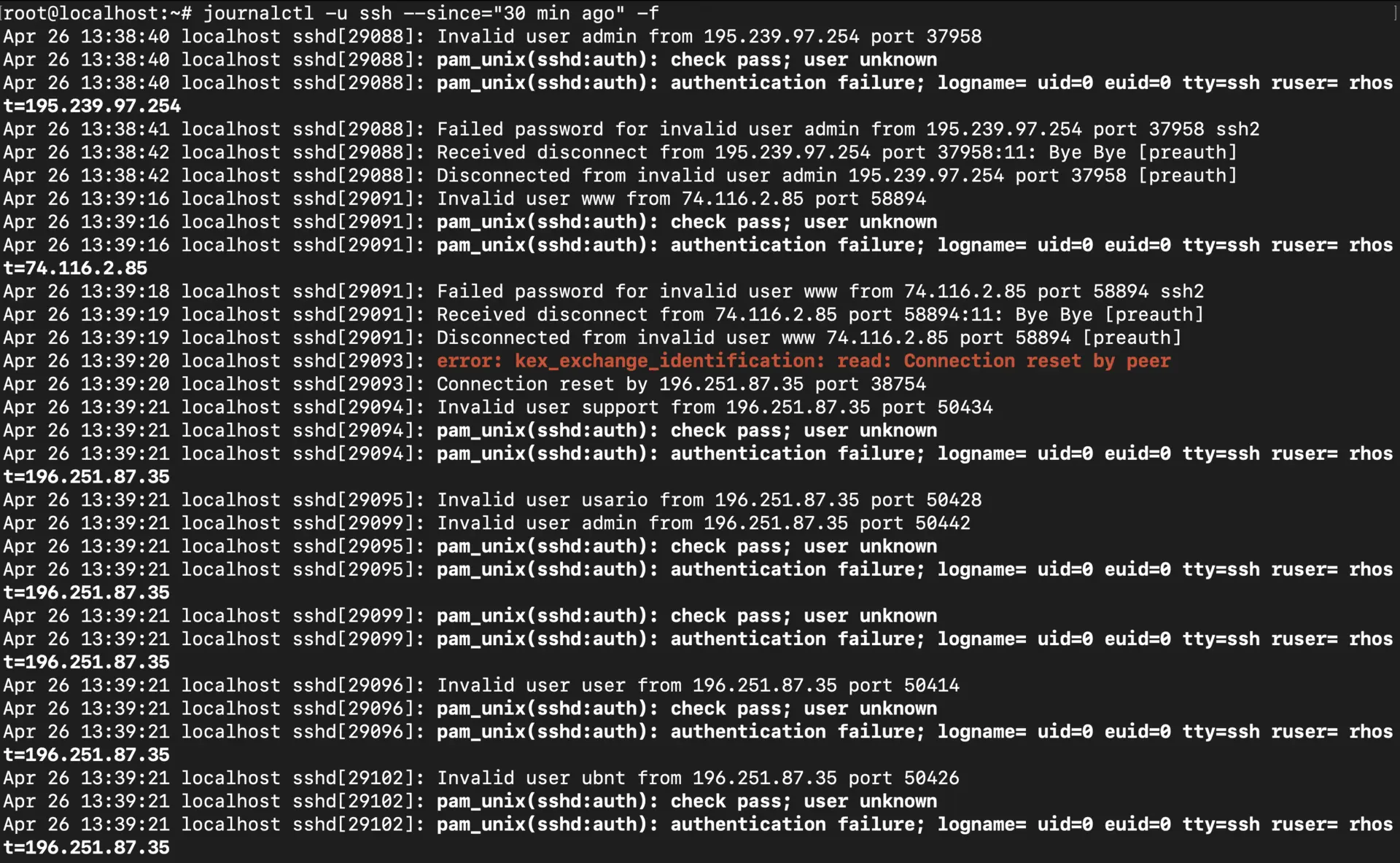  Show SSH logs from the past 30 minutes and continue monitoring