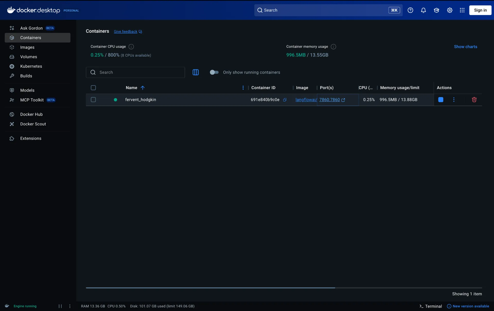 Langflow container running in Docker Desktop
