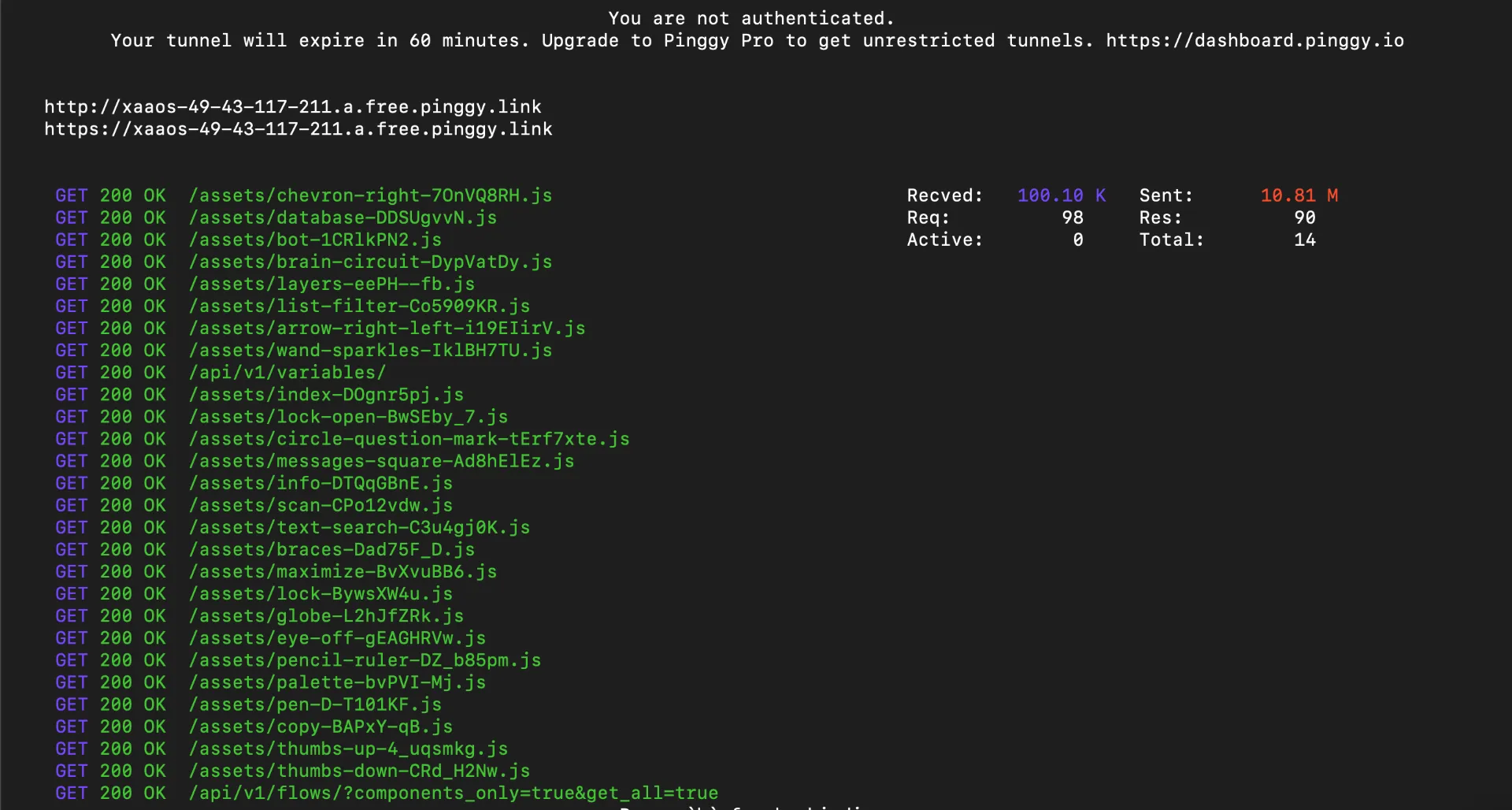 Pinggy tunnel showing live request logs from Langflow