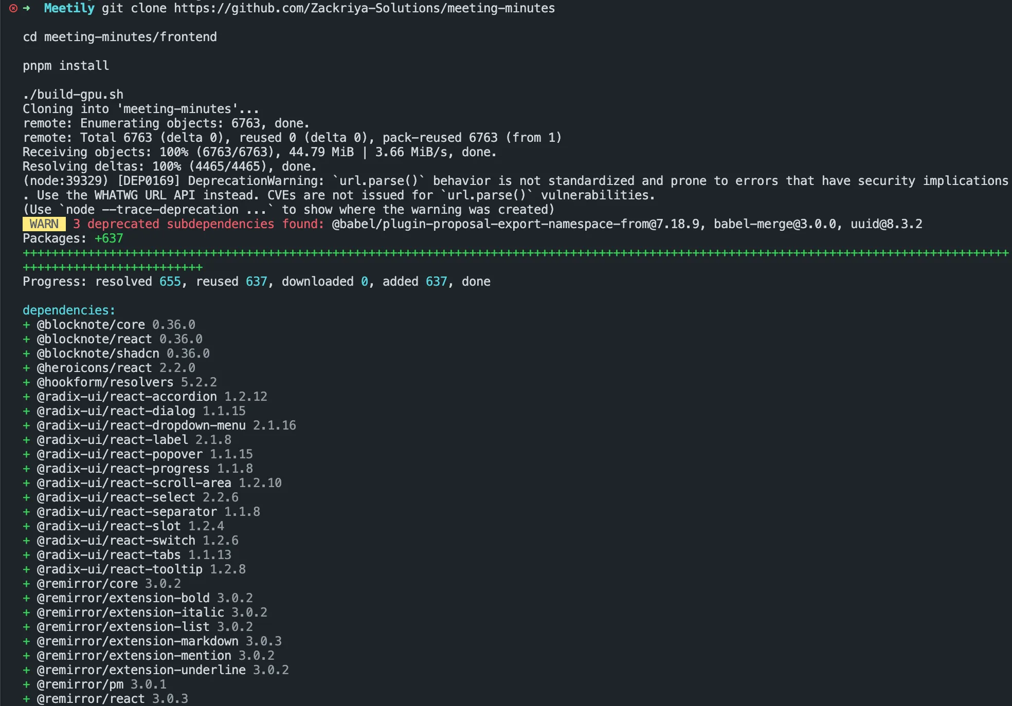 Terminal showing the git clone, pnpm install, and build-gpu.sh commands used to build Meetily from source
