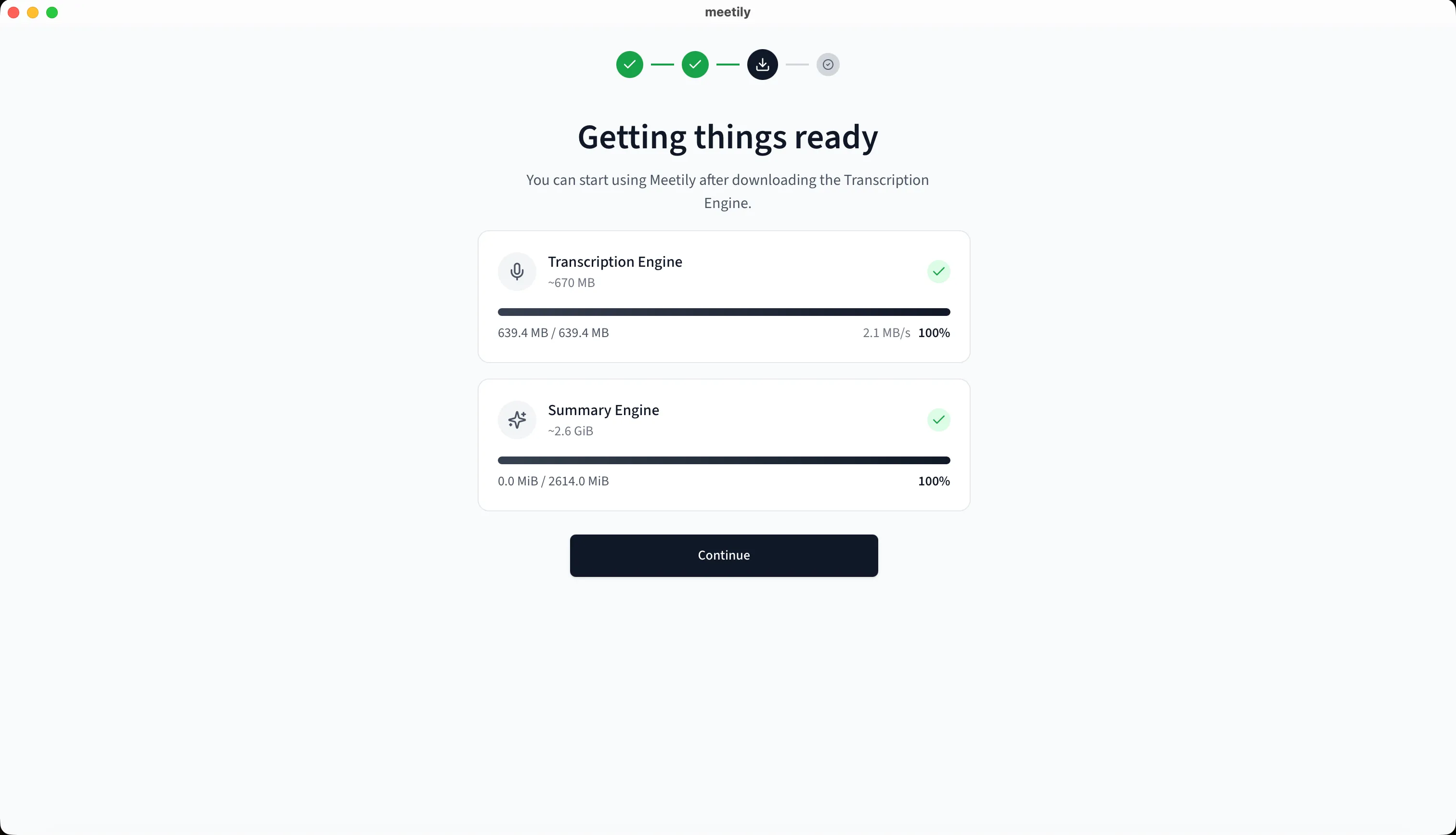 Meetily's first-run screen downloading the Transcription Engine and Summary Engine models before it can be used