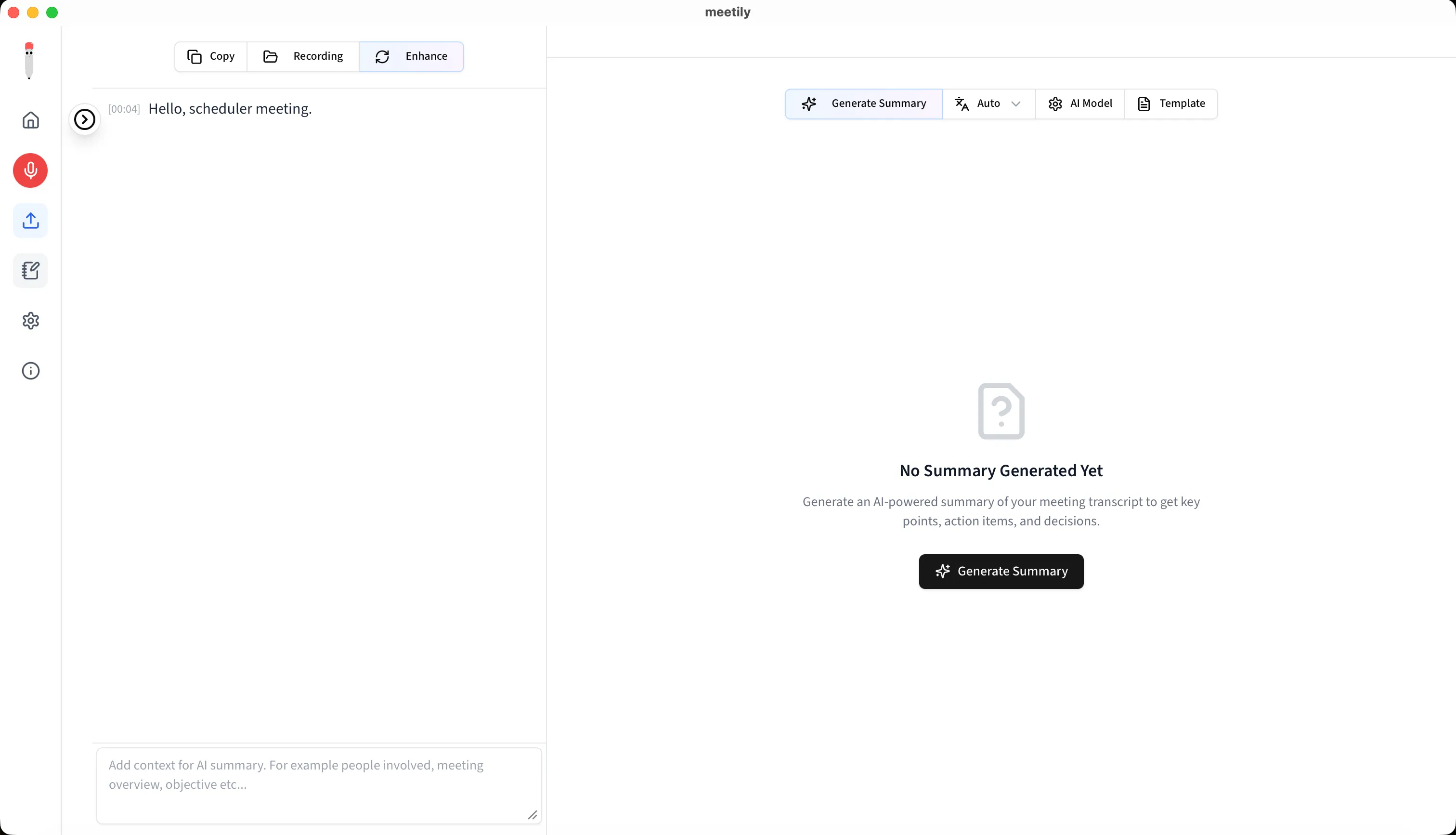 Meetily desktop app showing a live meeting transcript on the left and the Generate Summary panel on the right