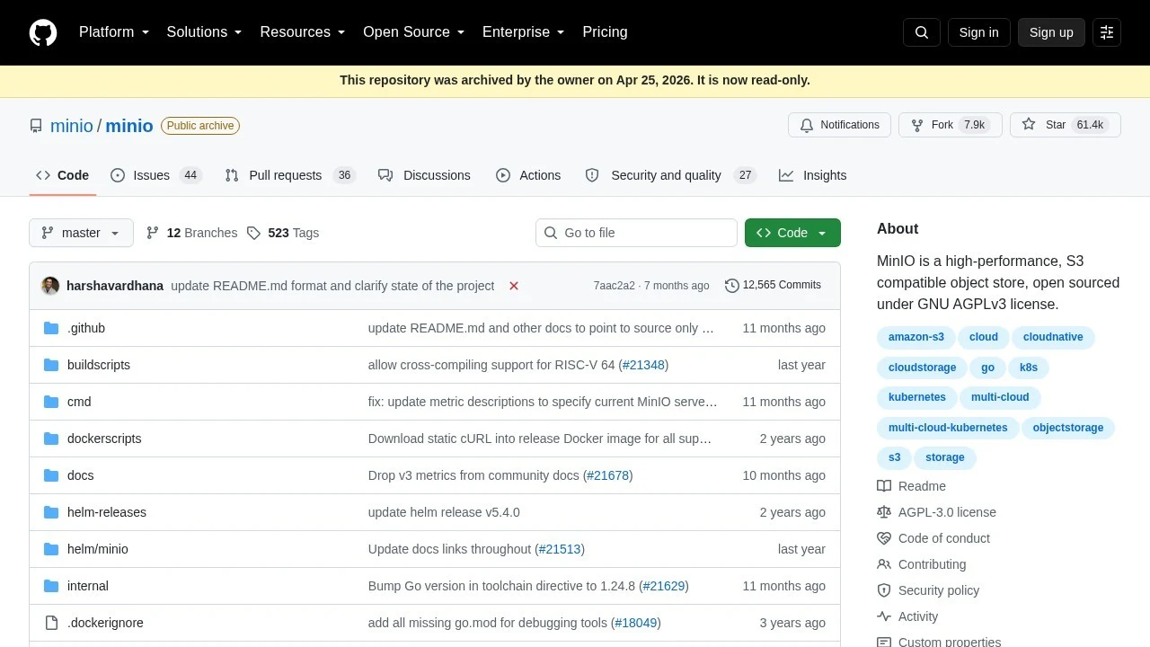 MinIO's GitHub repository showing the archived-by-the-owner banner and Public archive badge, dated April 25, 2026