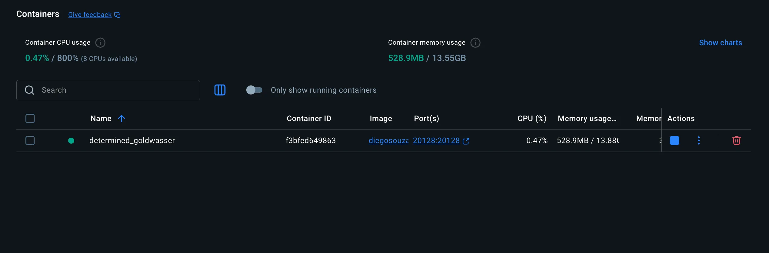 OmniRoute container running in Docker Desktop, mapped to port 20128